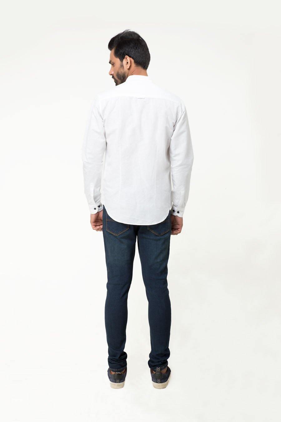 White casual full-sleeve shirt, rear view with button placket and collar