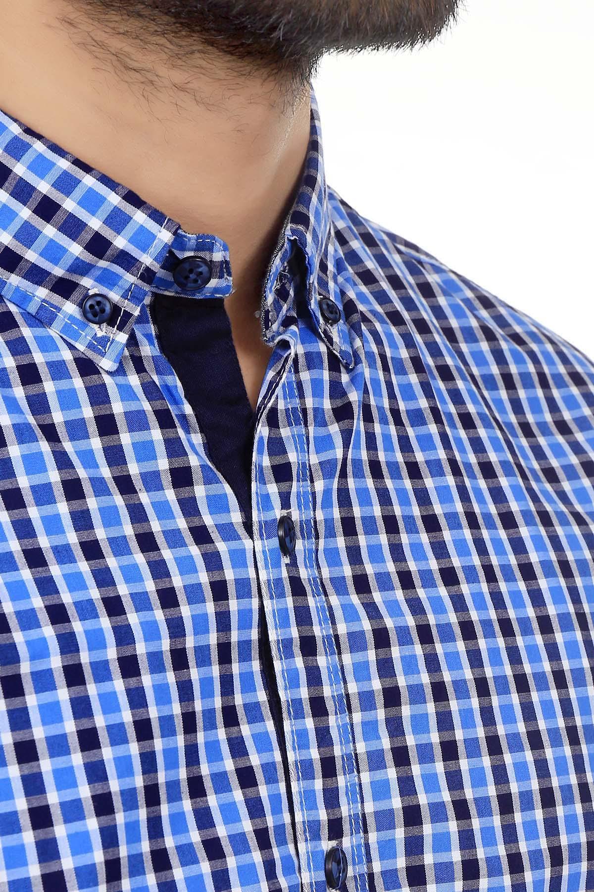 Navy blue plaid casual shirt neckline and chest buttons on front placket