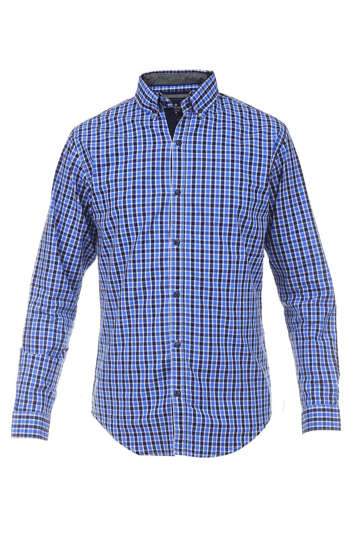 Navy blue plaid casual shirt with button-front and spread collar