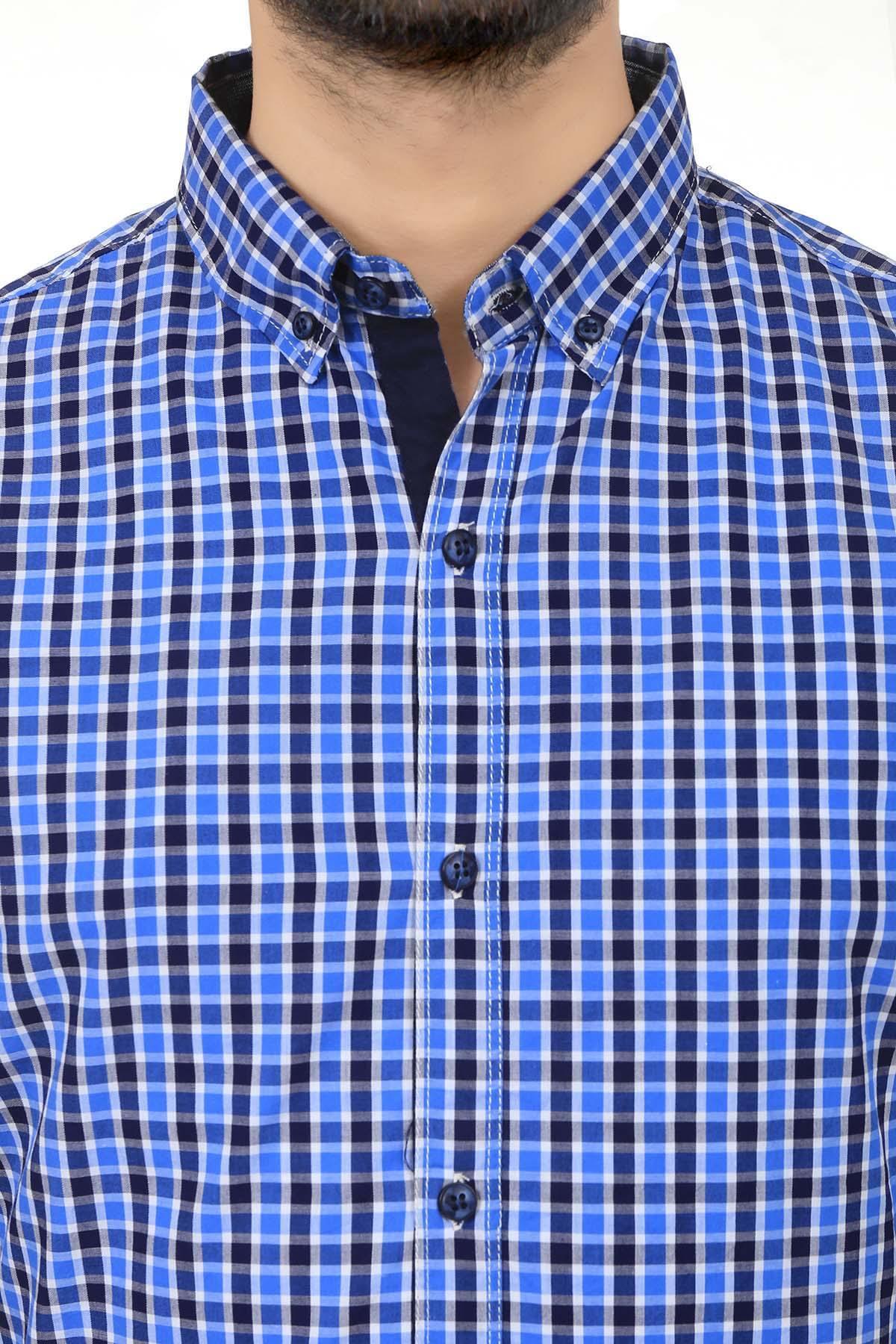 Navy blue plaid casual shirt collar with dark buttons and top button placket