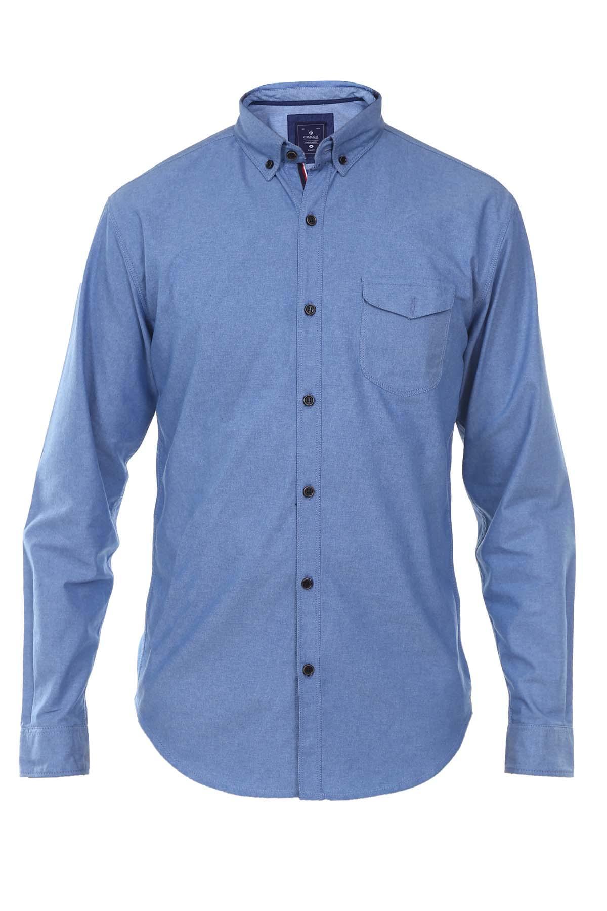 Light blue button-up casual shirt with chest pocket and button collar