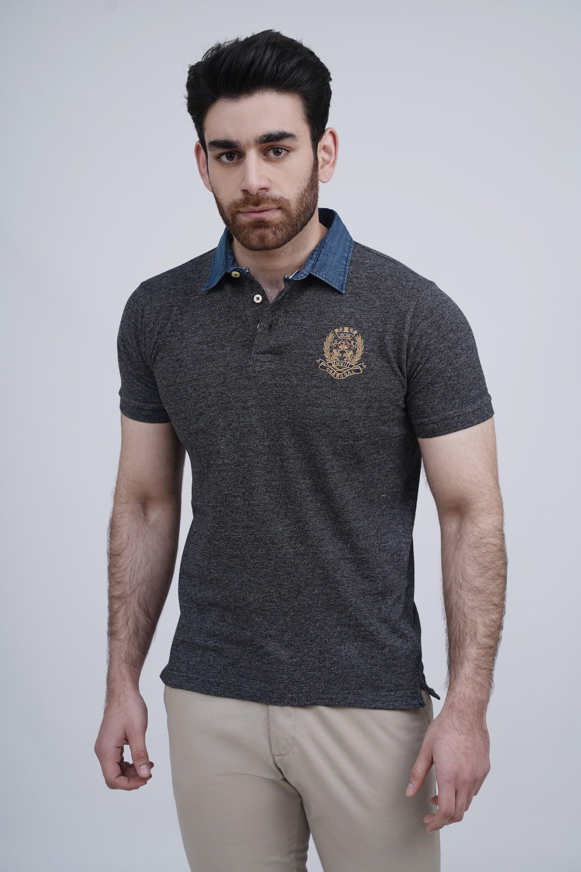DENIM COLLAR POLO BLACK at Charcoal Clothing