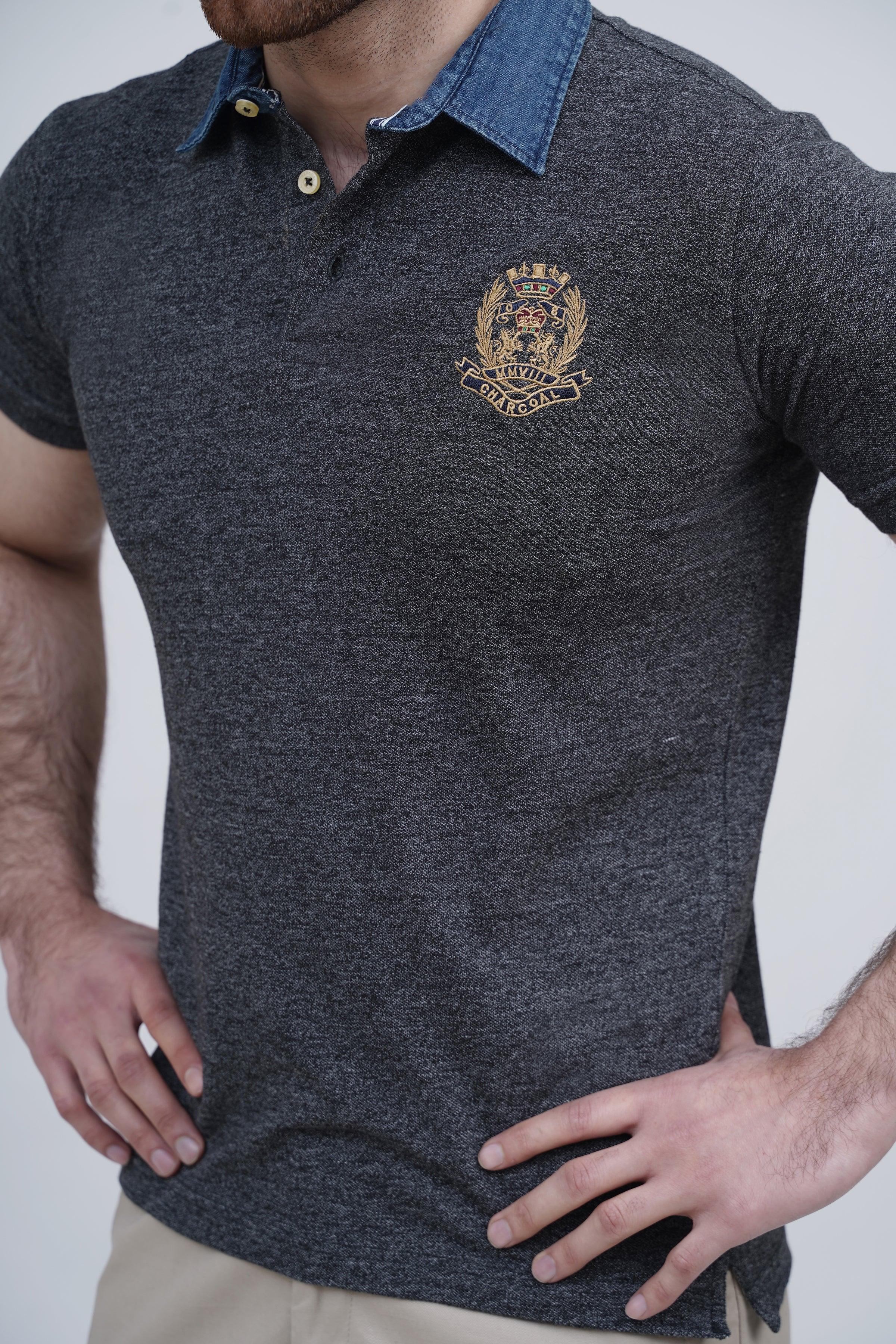 DENIM COLLAR POLO BLACK at Charcoal Clothing