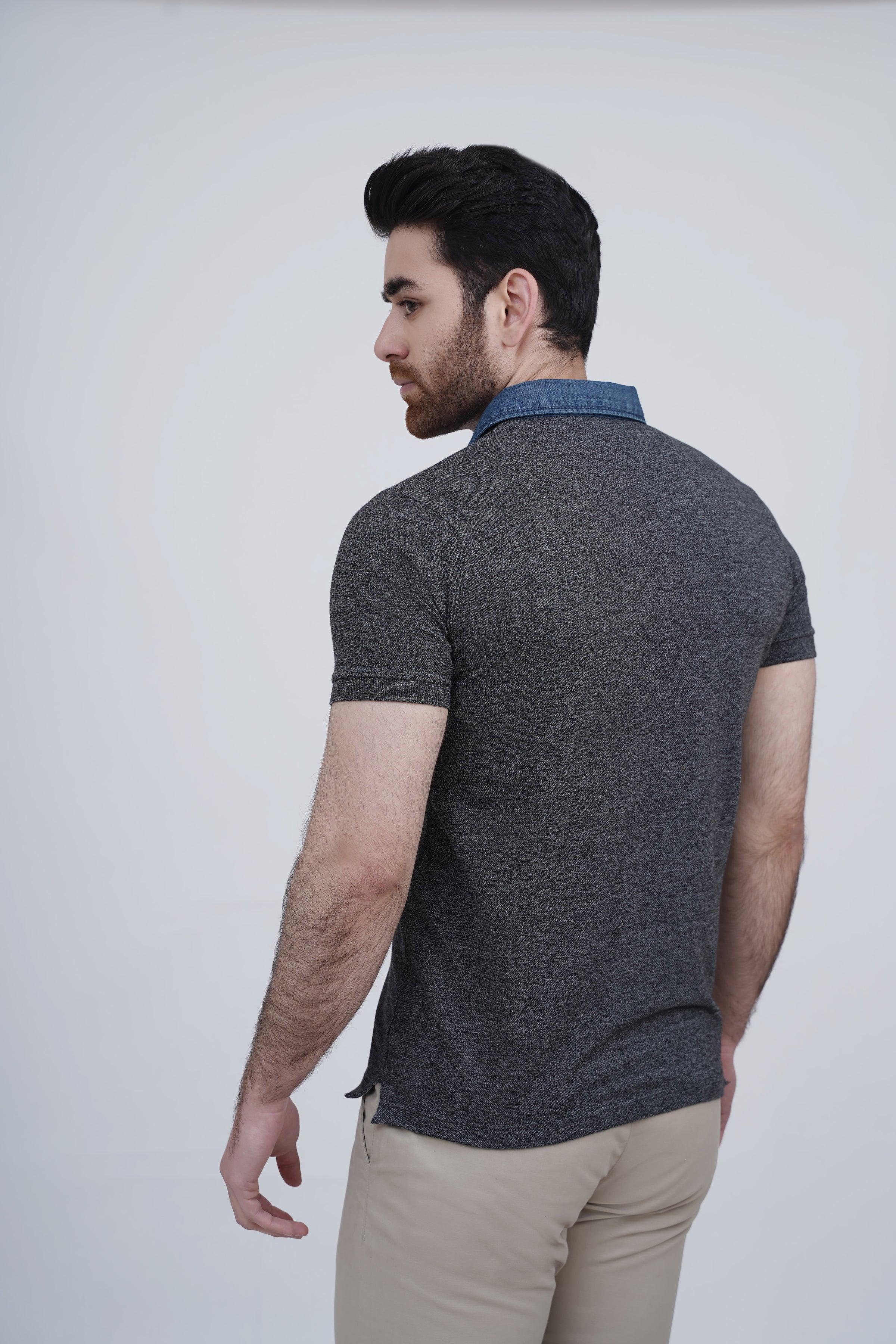 DENIM COLLAR POLO BLACK at Charcoal Clothing