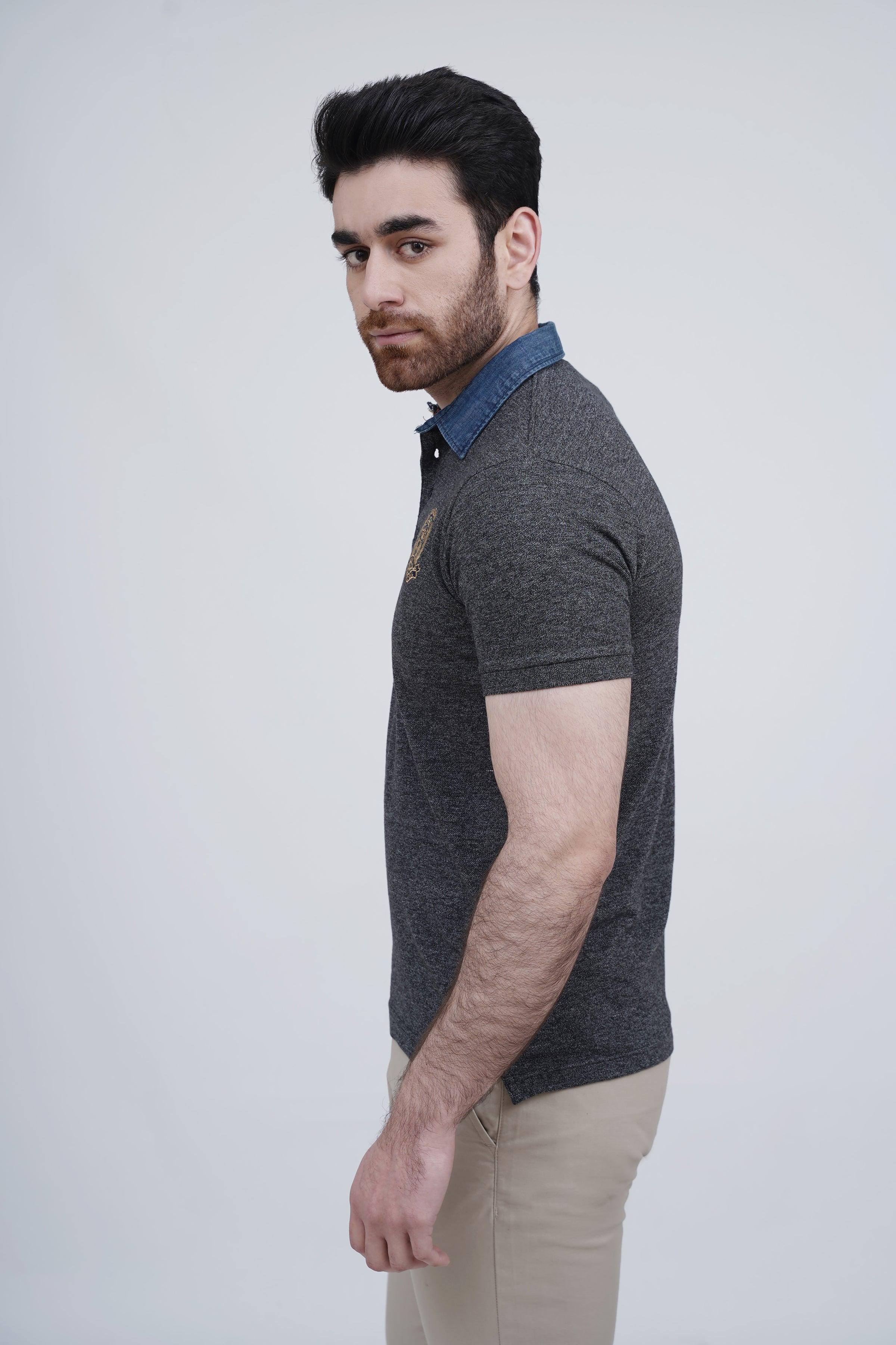 DENIM COLLAR POLO BLACK at Charcoal Clothing