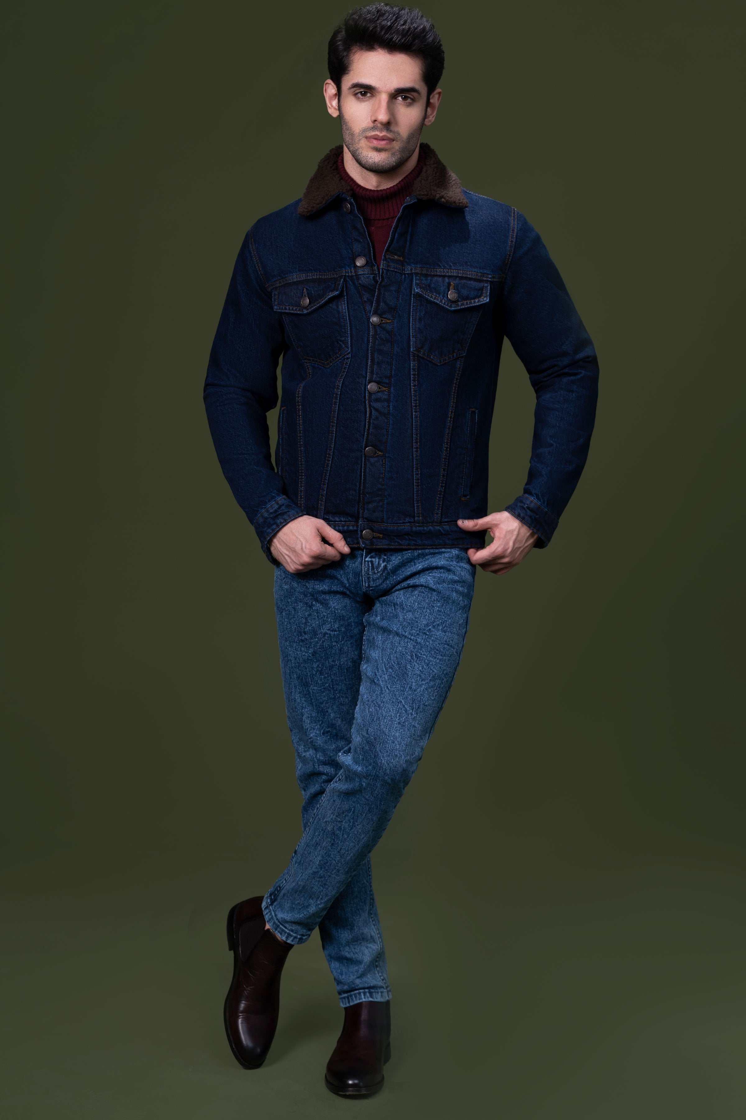 DENIM FUR JACKET DARK BLUE at Charcoal Clothing