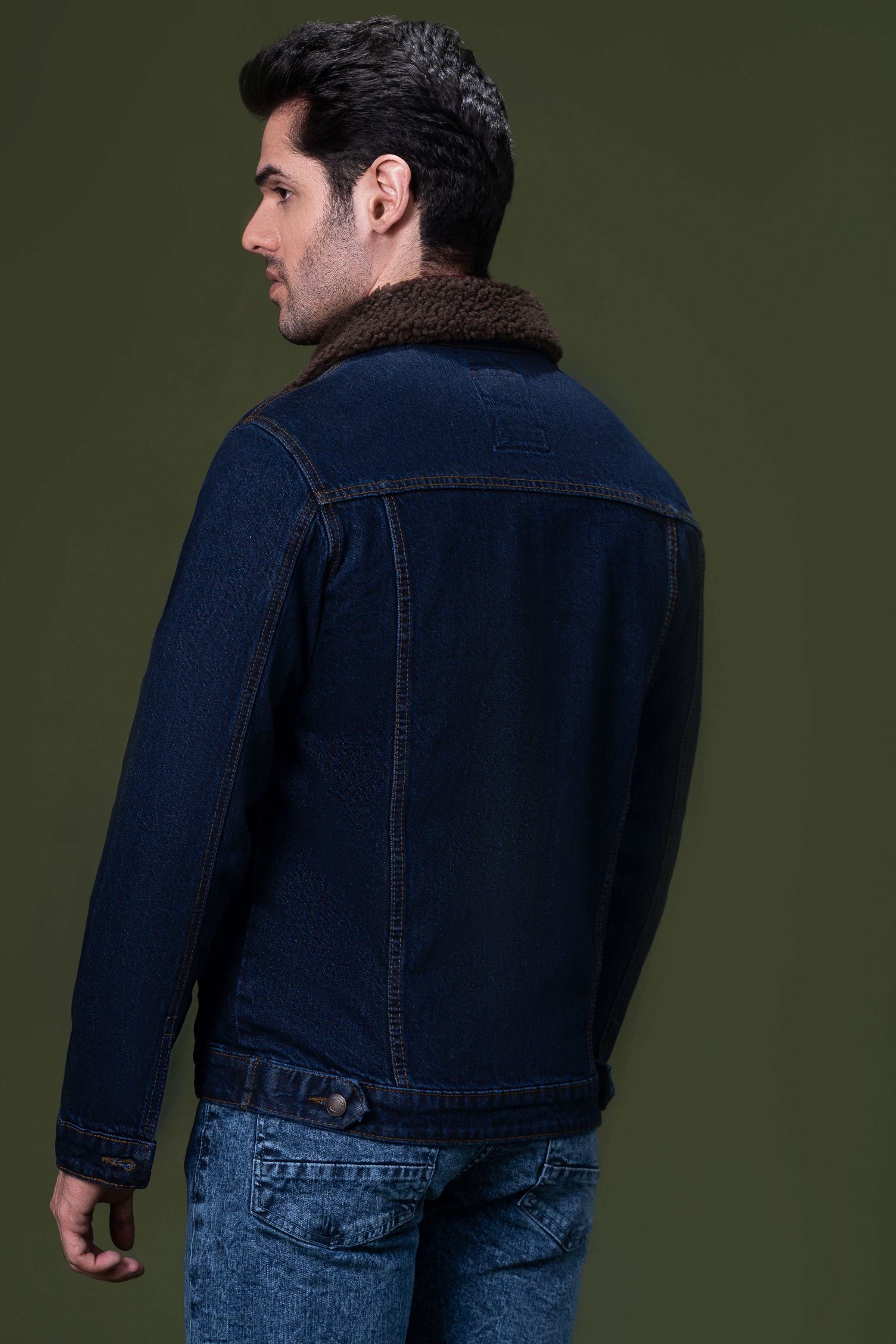 DENIM FUR JACKET DARK BLUE at Charcoal Clothing