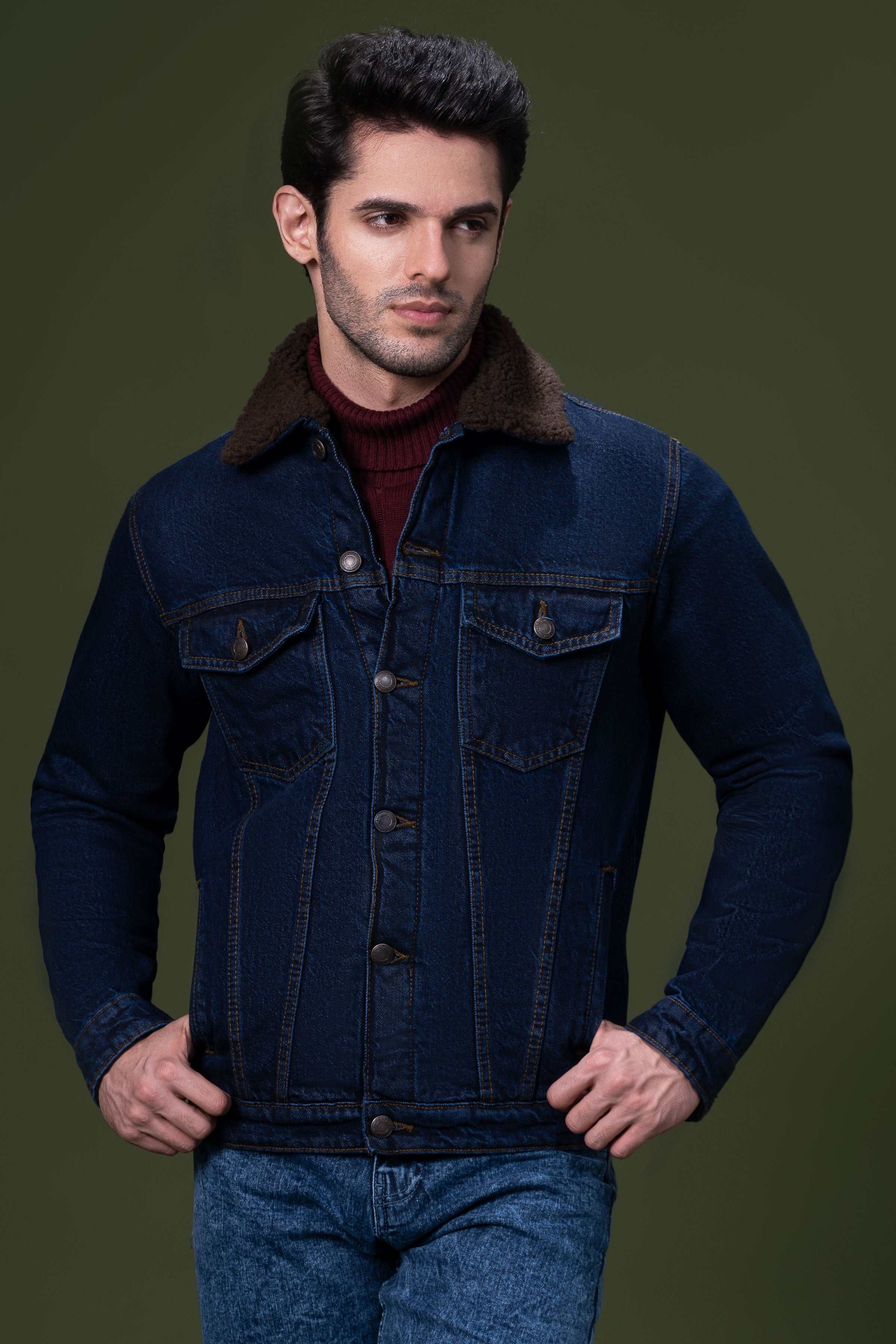 DENIM FUR JACKET DARK BLUE at Charcoal Clothing