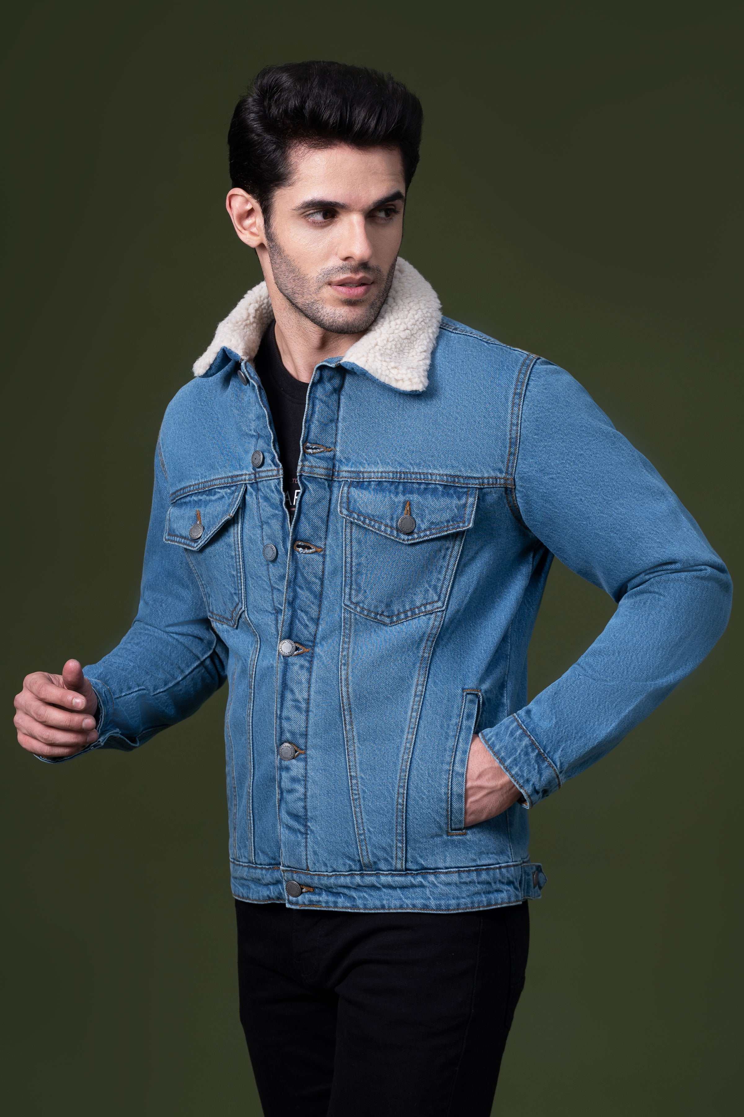 DENIM FUR JACKET LIGHT BLUE at Charcoal Clothing