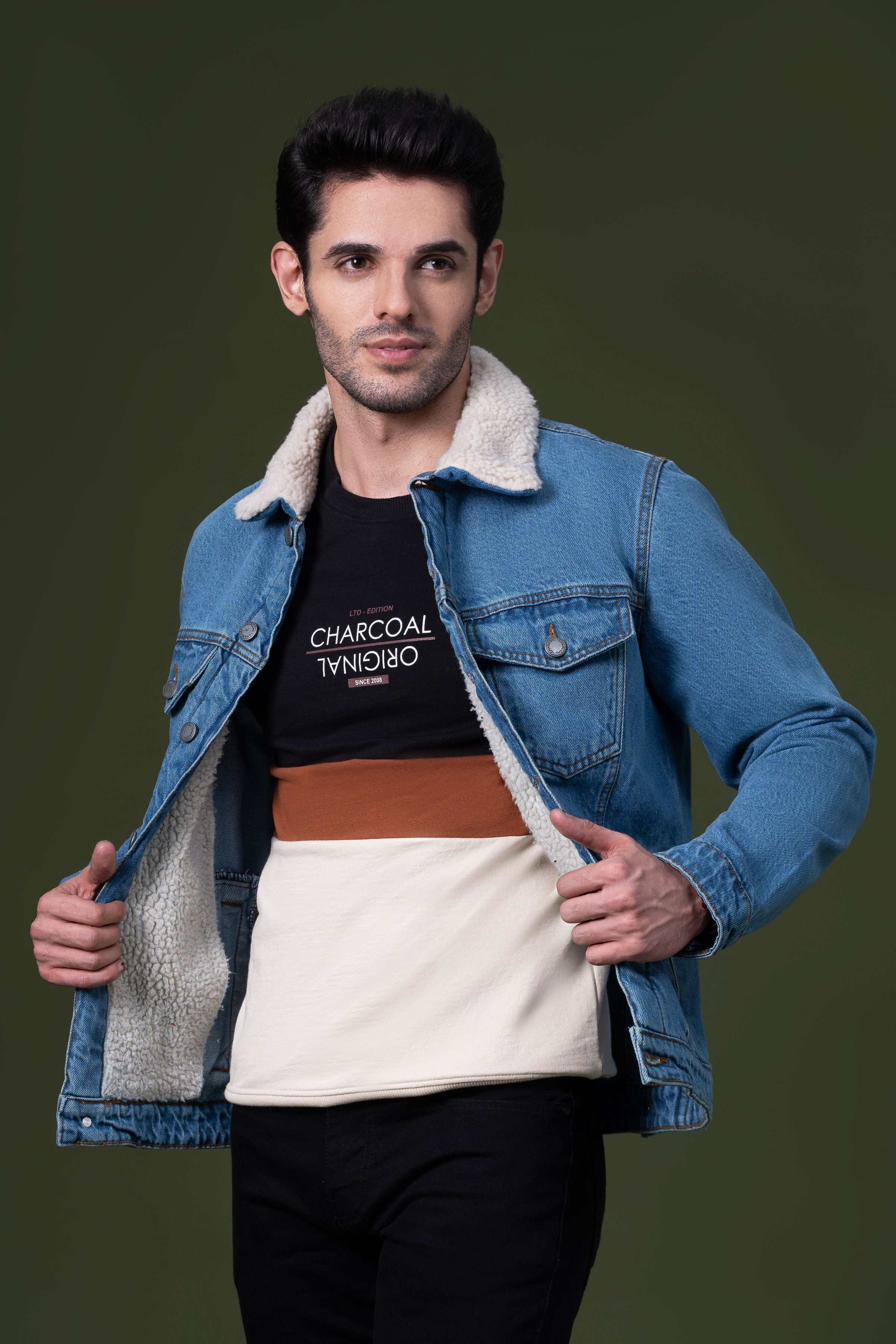 DENIM FUR JACKET LIGHT BLUE at Charcoal Clothing