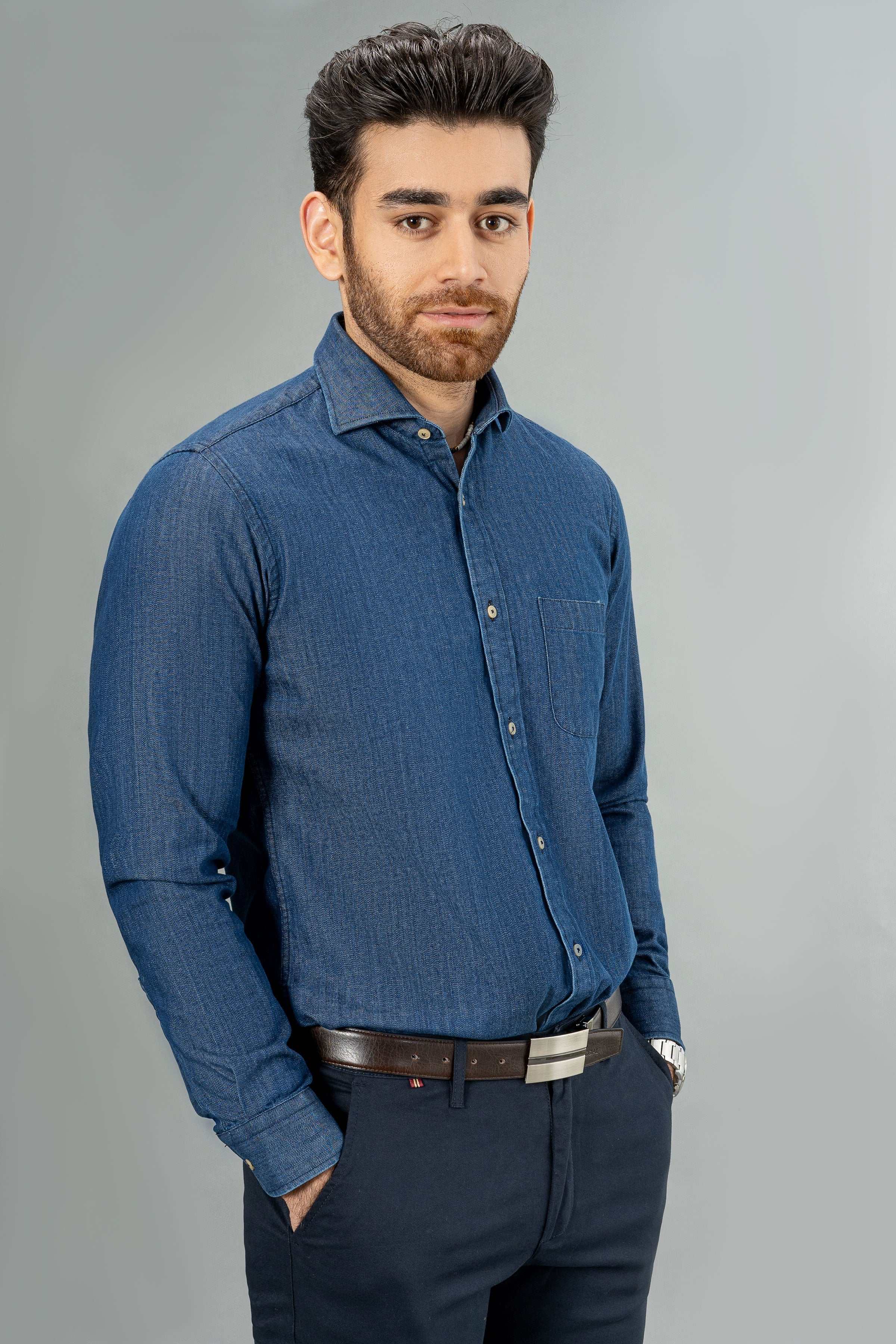 DENIM SHIRT DARK BLUE at Charcoal Clothing