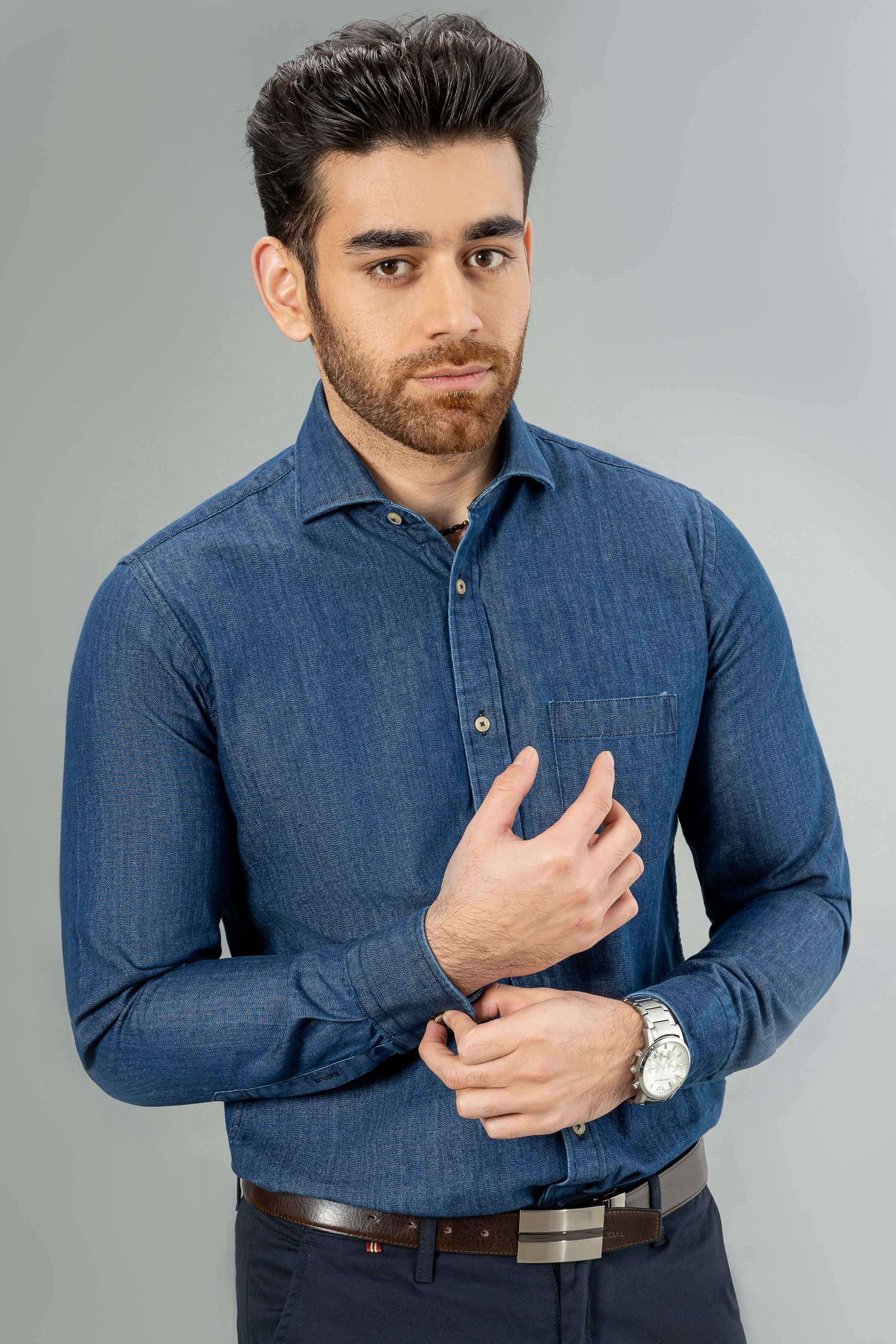 DENIM SHIRT DARK BLUE at Charcoal Clothing