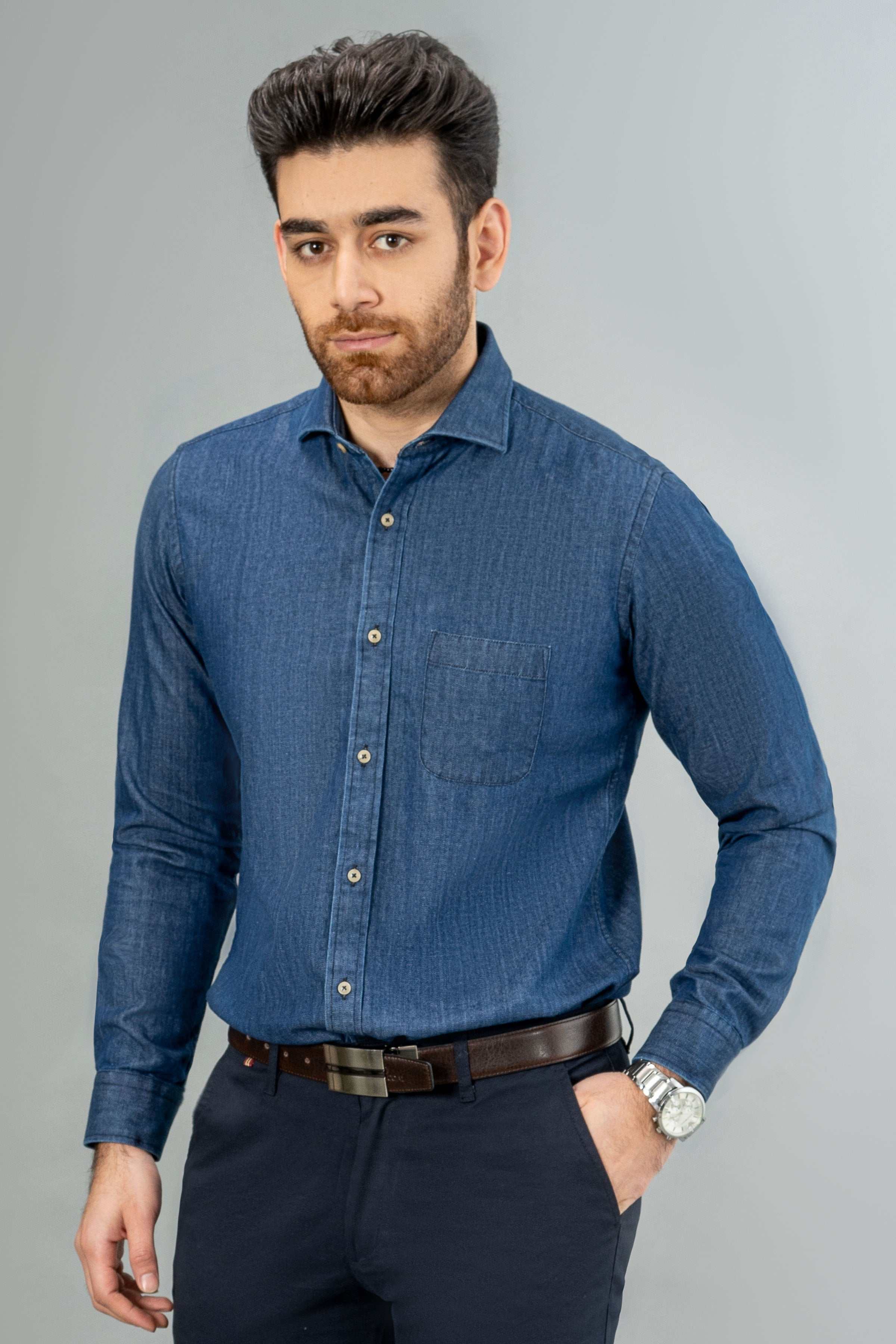 DENIM SHIRT DARK BLUE at Charcoal Clothing
