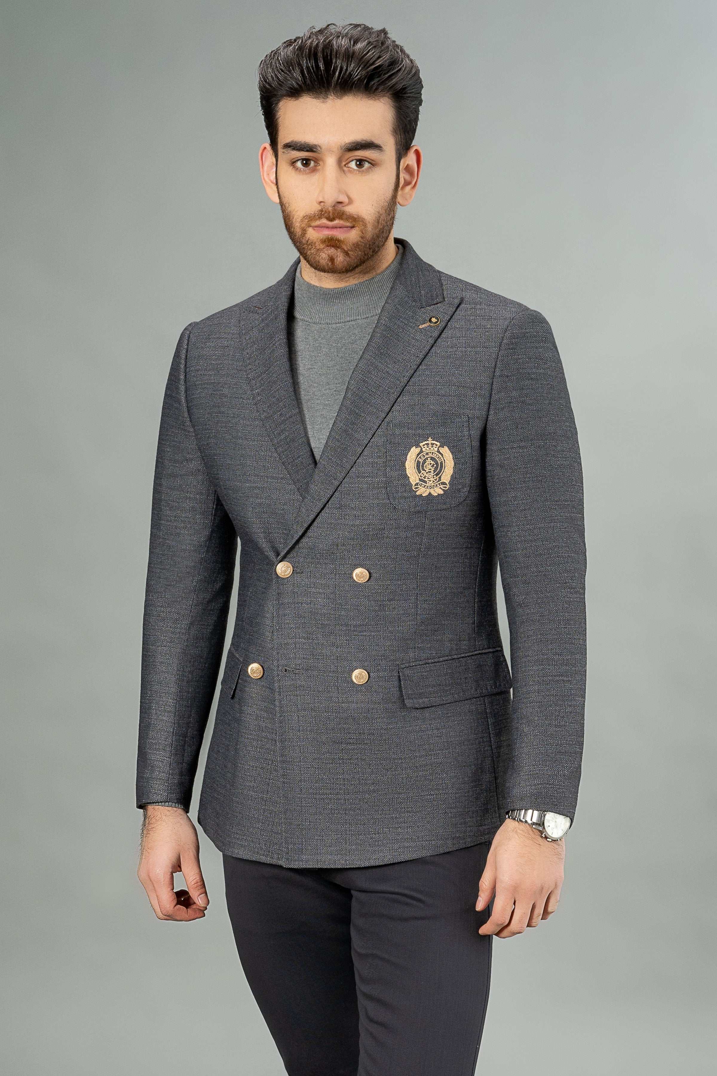 DOUBLE BREASTED COAT DARK GREY at Charcoal Clothing