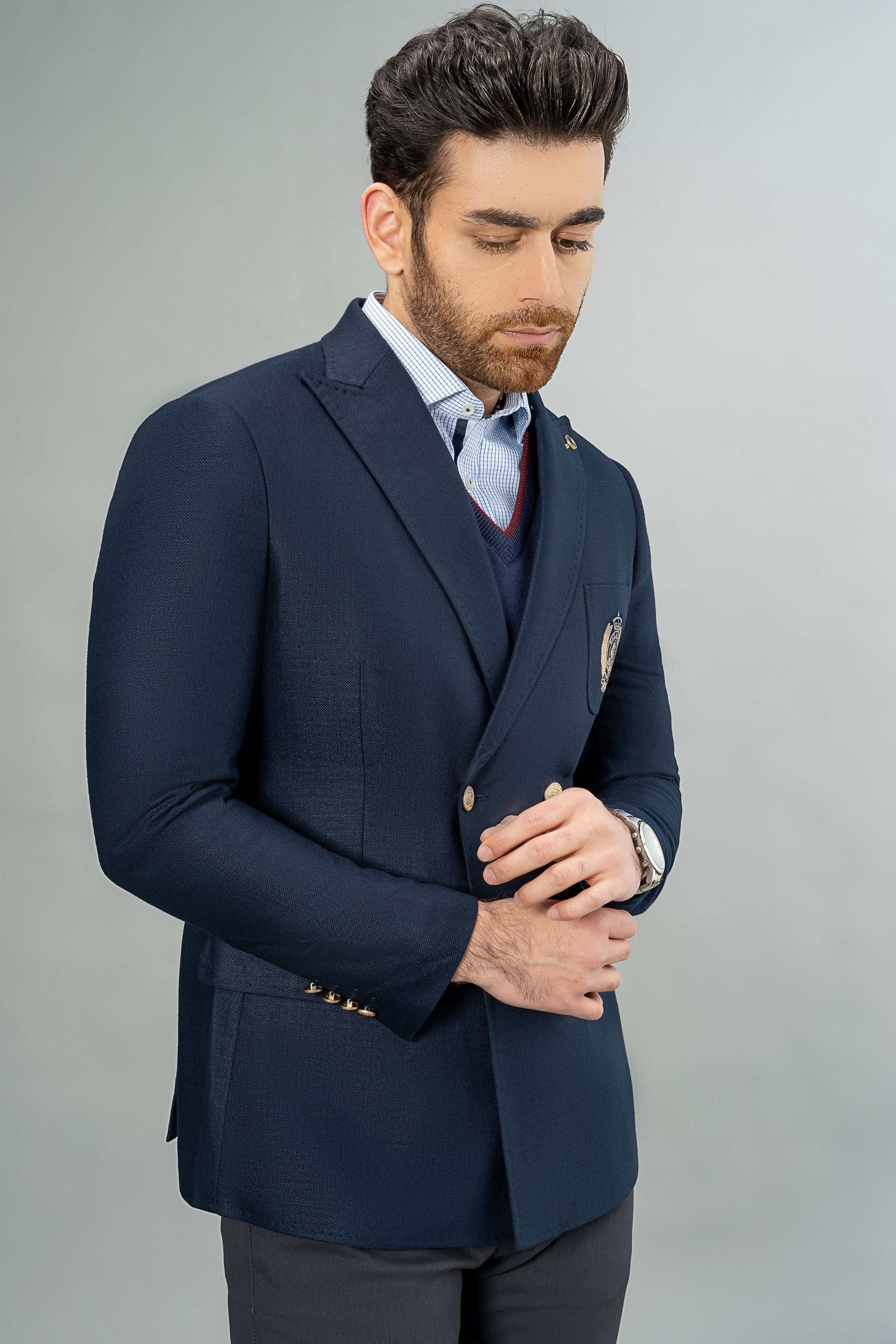 DOUBLE BREASTED COAT NAVY at Charcoal Clothing