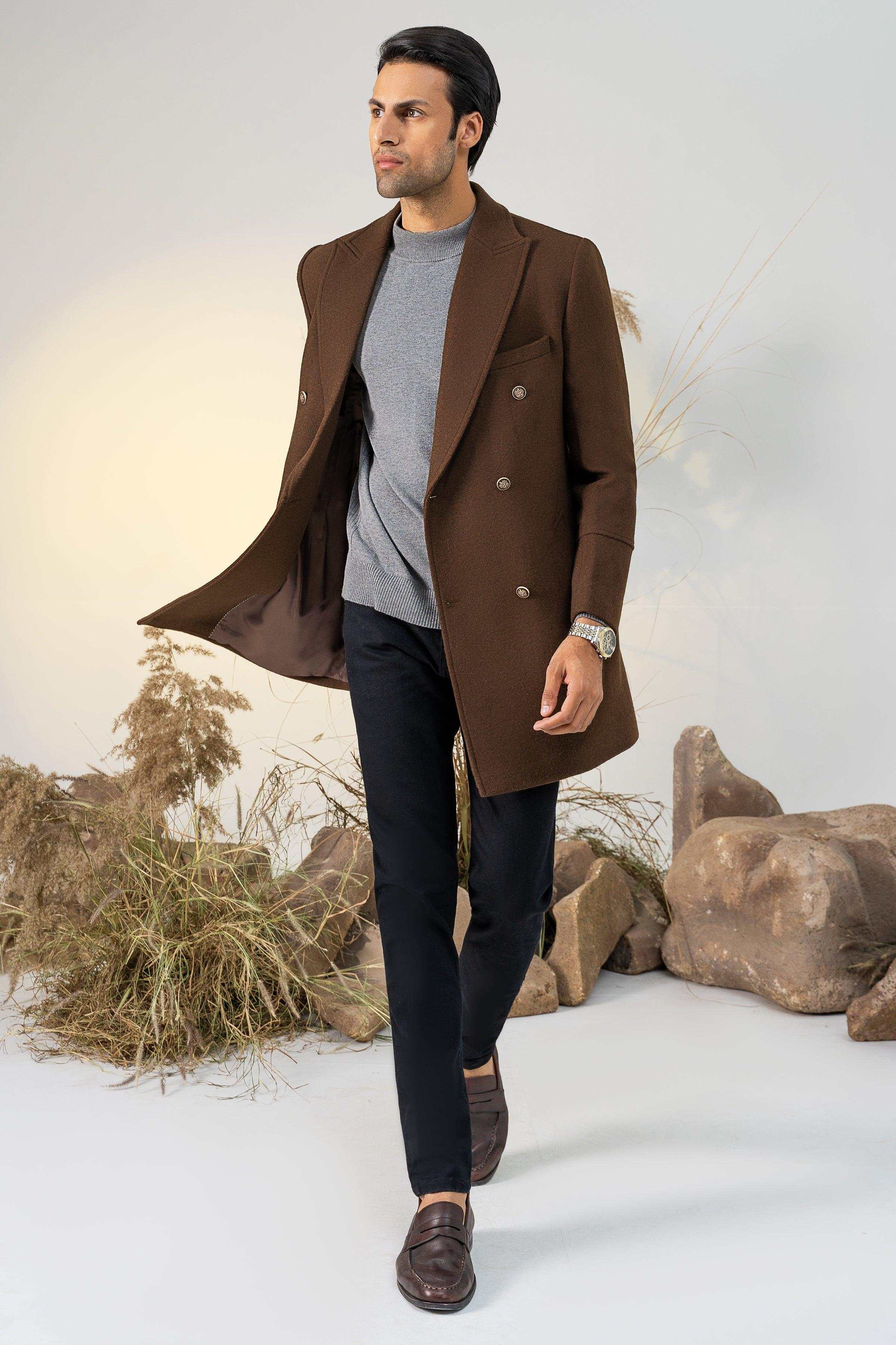 DOUBLE BREASTED LONG COAT DARK BROWN at Charcoal Clothing