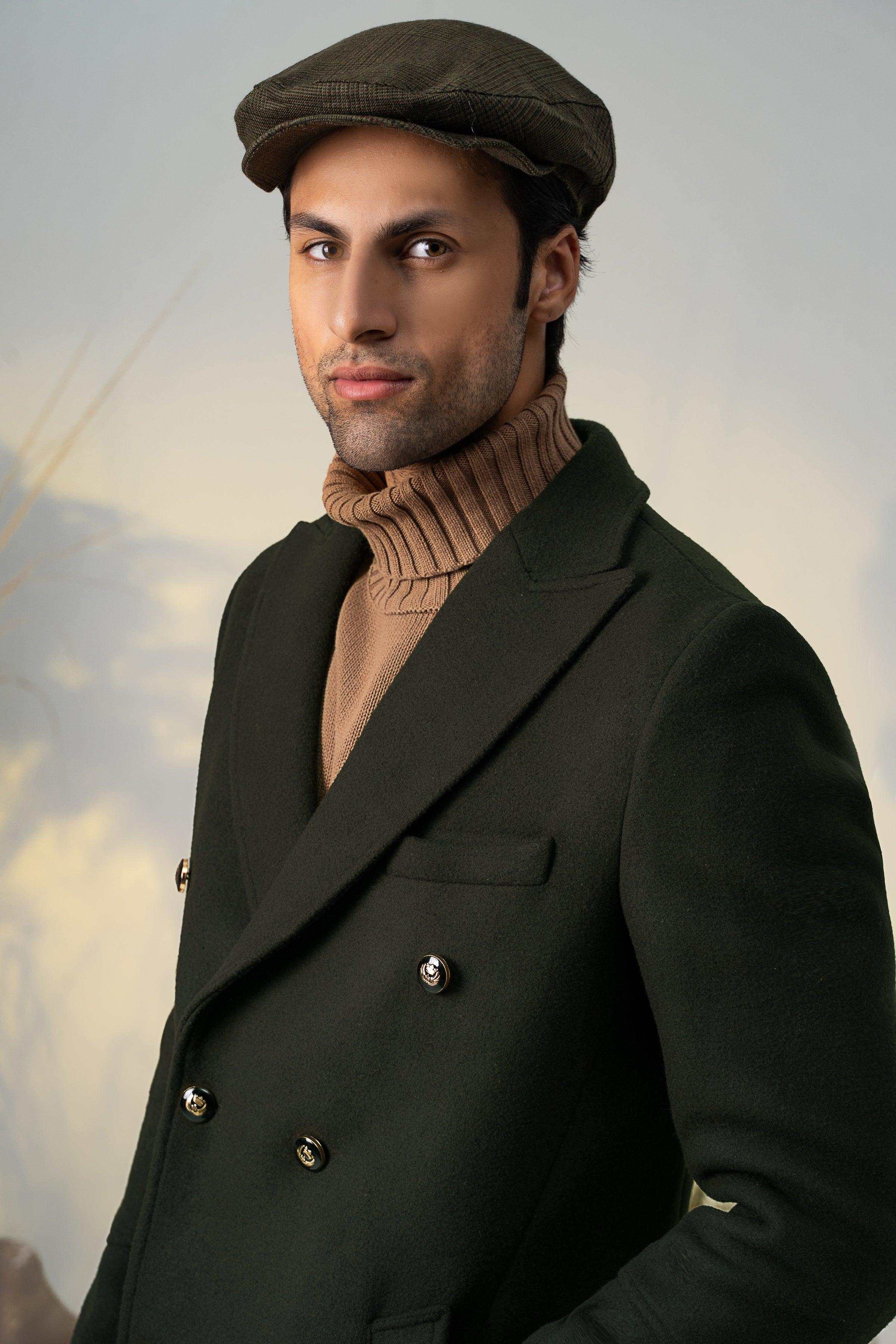 Double-breasted long coat, dark green, notch lapel, chest pocket, matte buttons