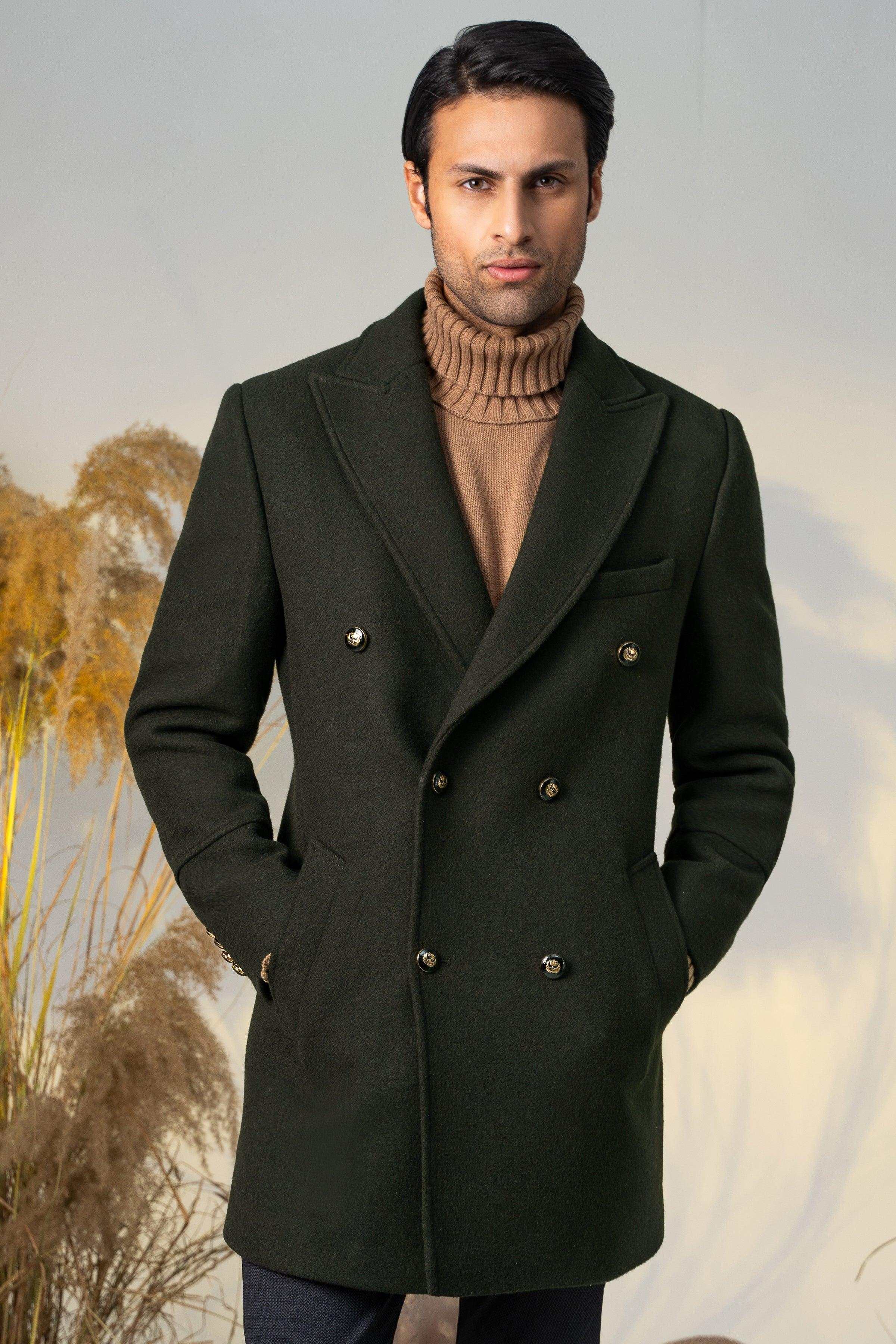 Double-breasted long coat, dark green, double row buttons, tailored shoulders