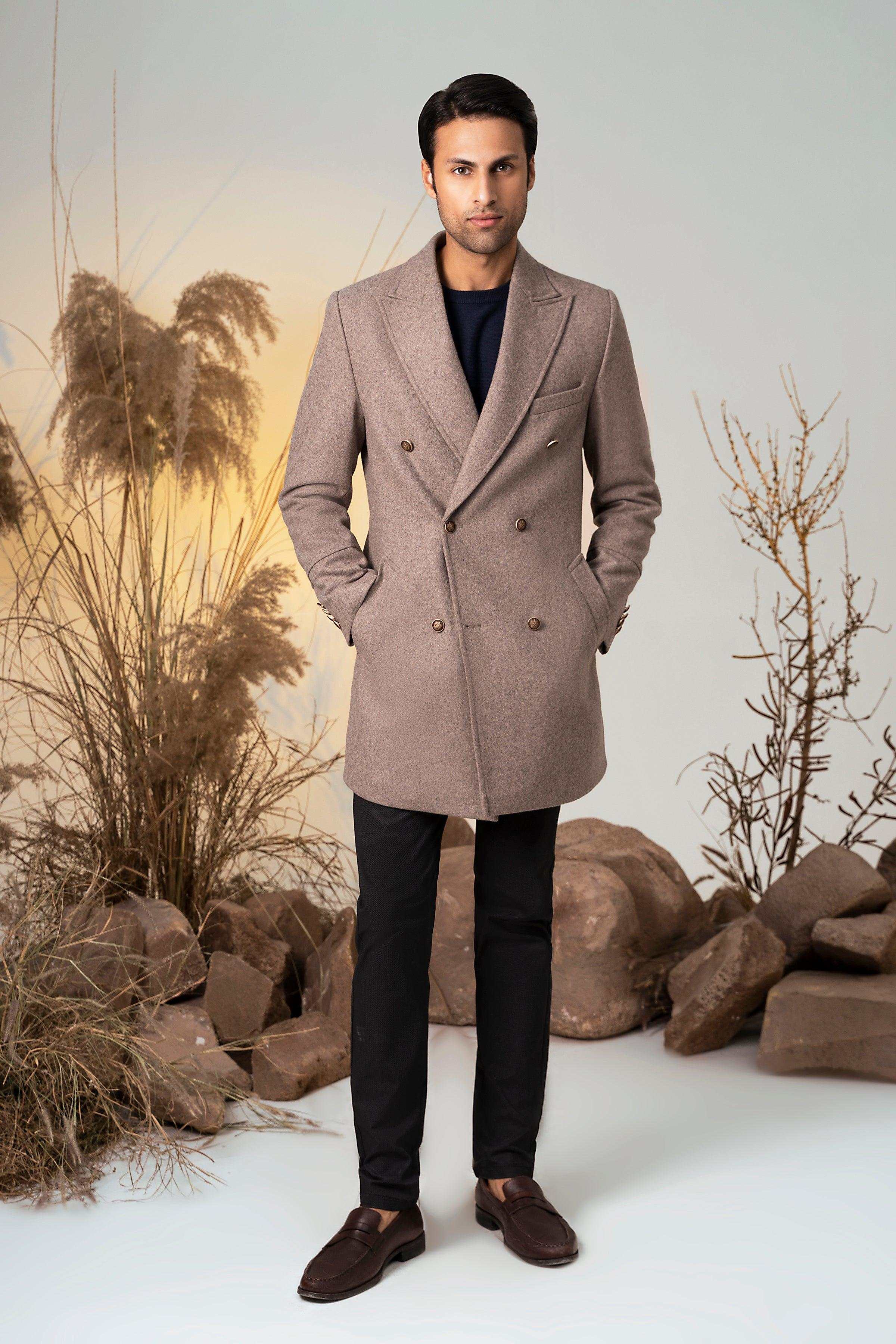 Khaki melange double-breasted long coat, notched lapels, two rows of buttons.