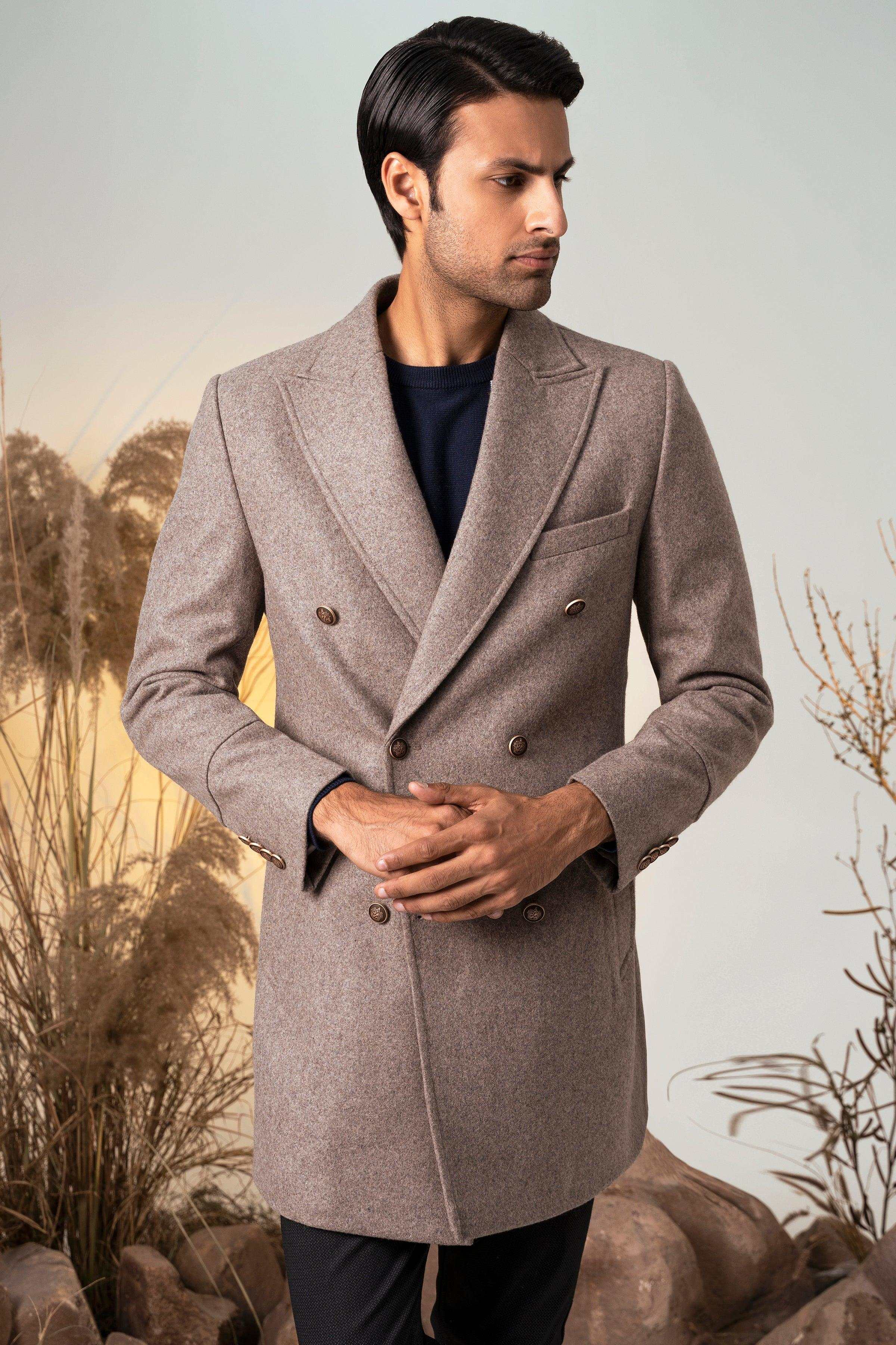 Khaki melange double-breasted long coat with flap pockets and notched lapels, buttons.