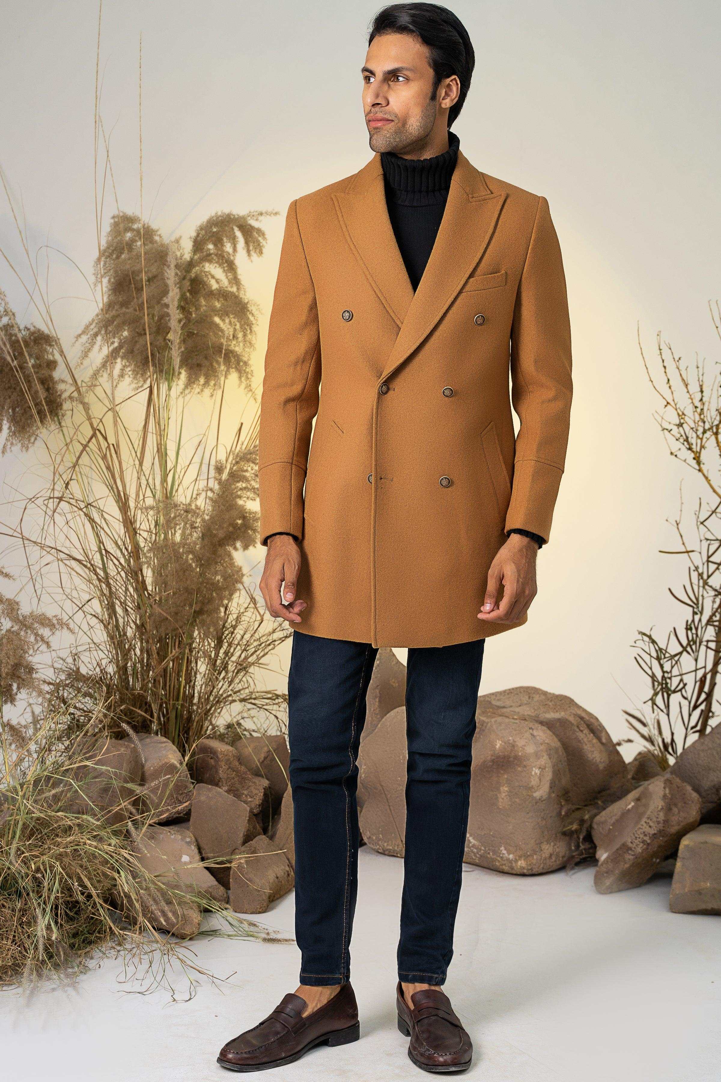 DOUBLE BREASTED LONG COAT MUSTARD at Charcoal Clothing