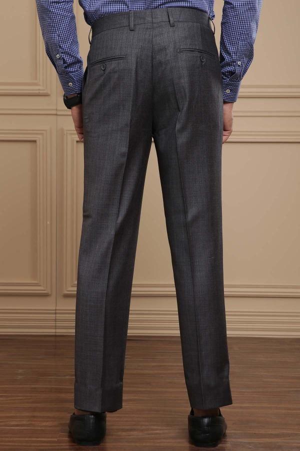 Dark grey dress pants rear view with center crease and back pocket detail