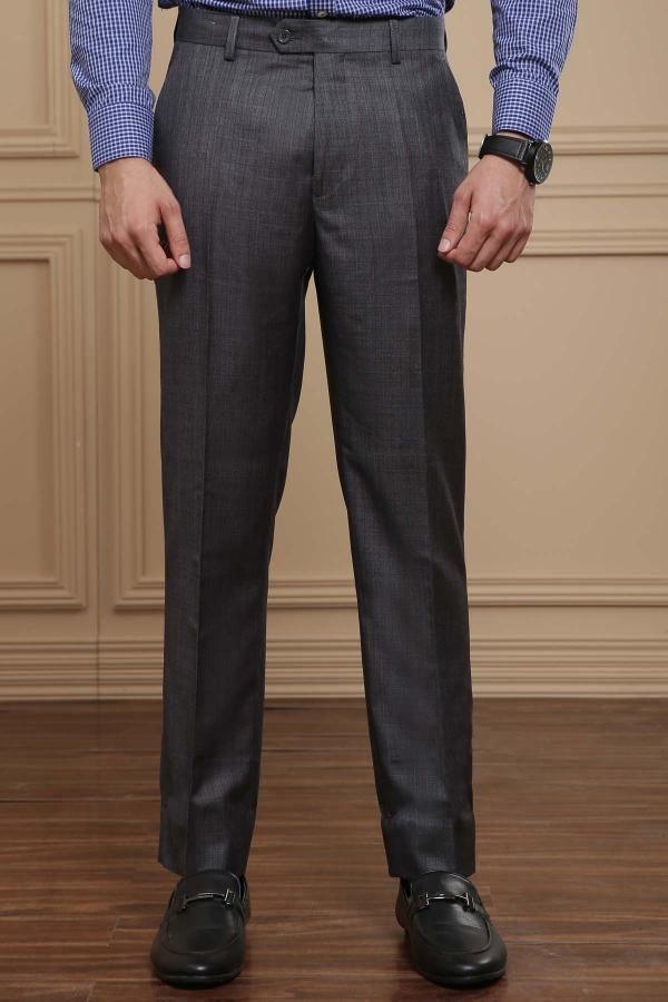 Dark grey smart-fit dress pants with front pleats, belt loops, and tapered legs