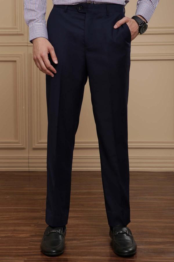 Navy smart-fit dress pants, straight legs with front pockets and belt loops
