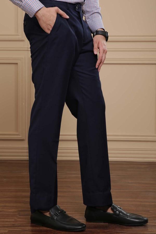 Navy smart-fit dress pants with tailored front and slanted side pockets