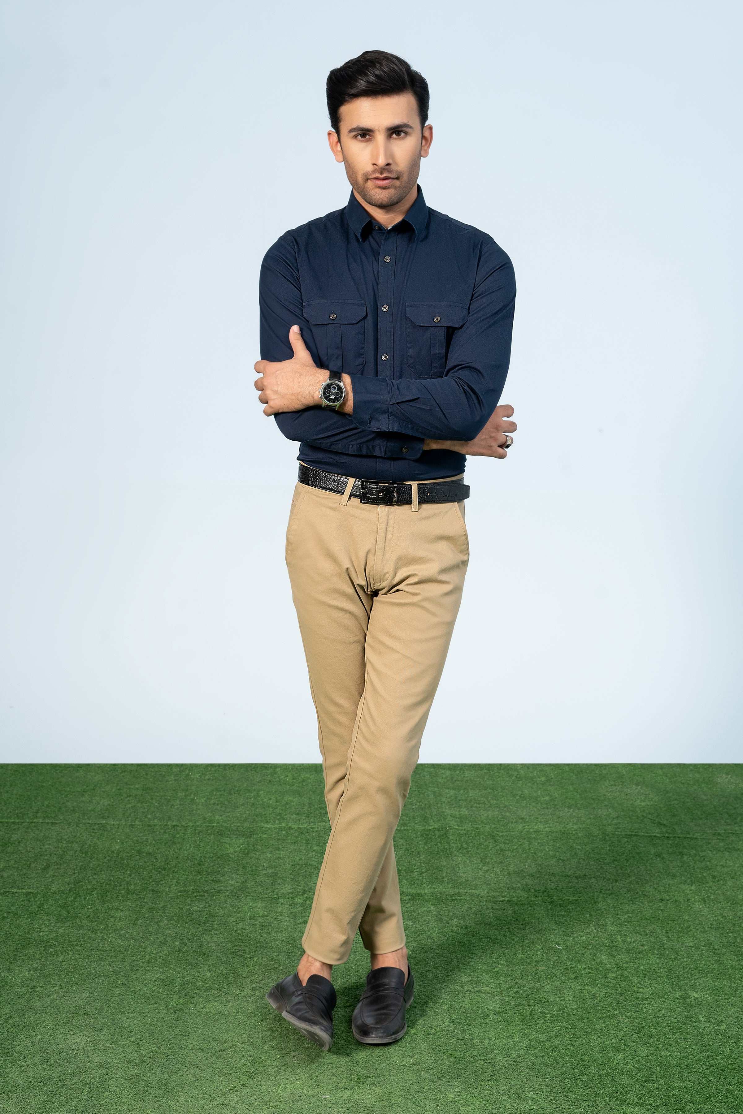 SEMI CASUAL SAFARI SHIRT NAVY - Charcoal Clothing