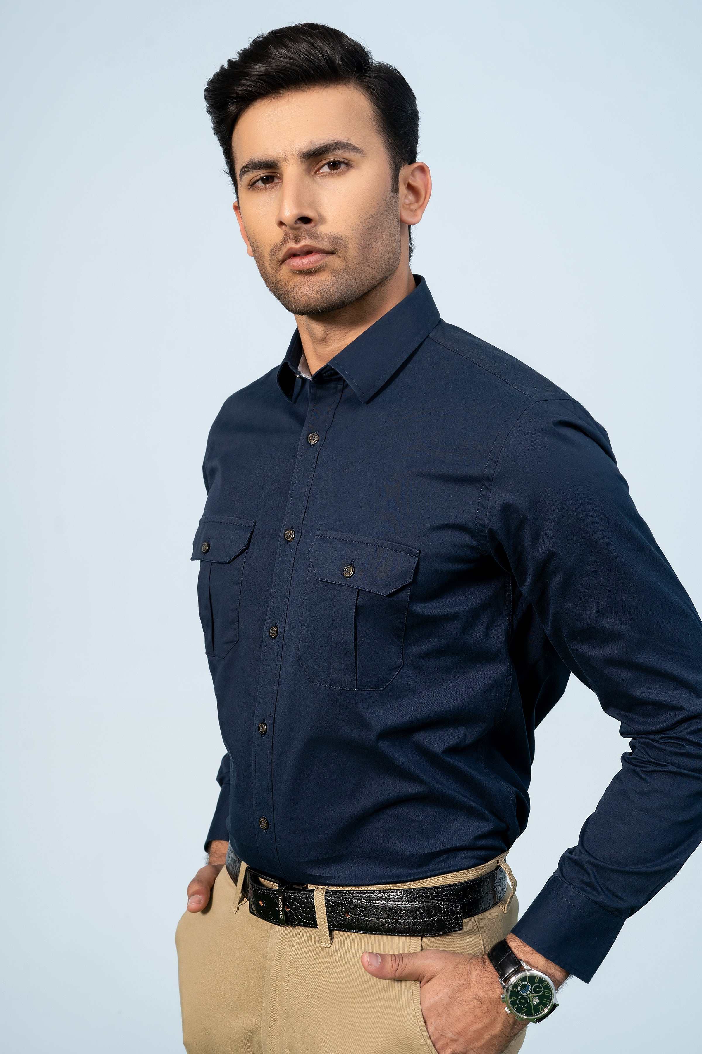 SEMI CASUAL SAFARI SHIRT NAVY - Charcoal Clothing
