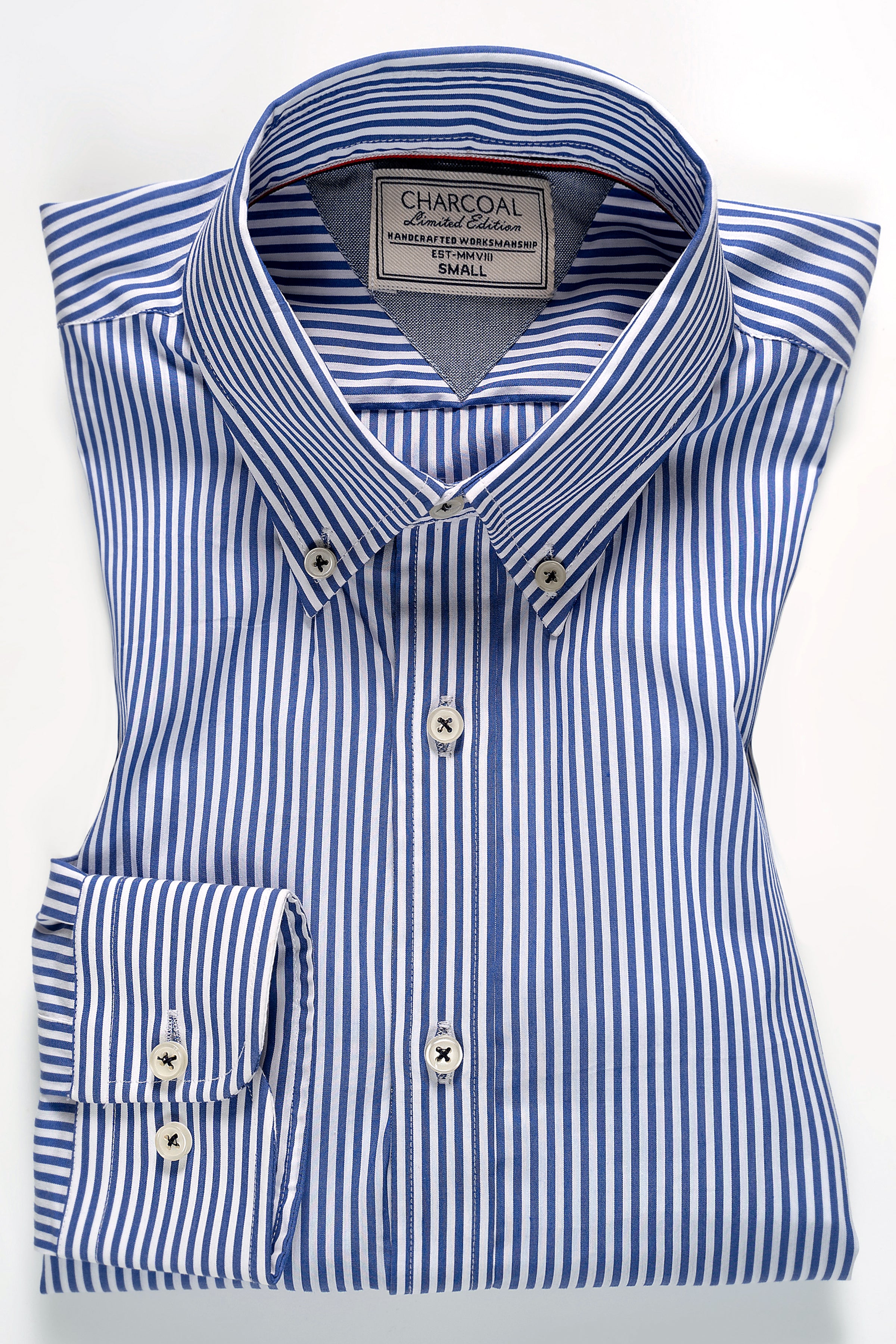 Blue and white striped shirt with button-down collar and front buttons