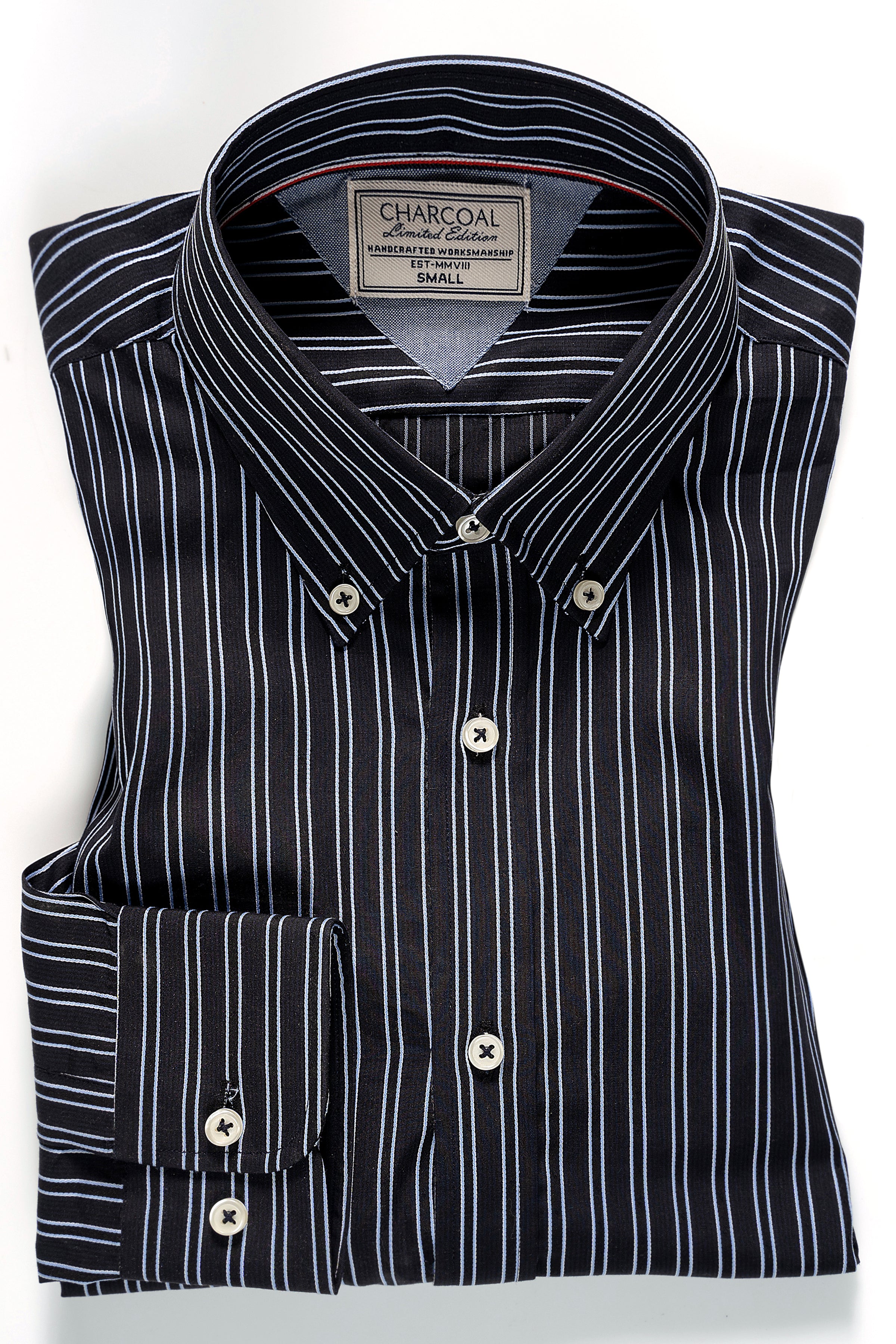 Striped dress shirt with button front, black with white pinstripes and pointed collar