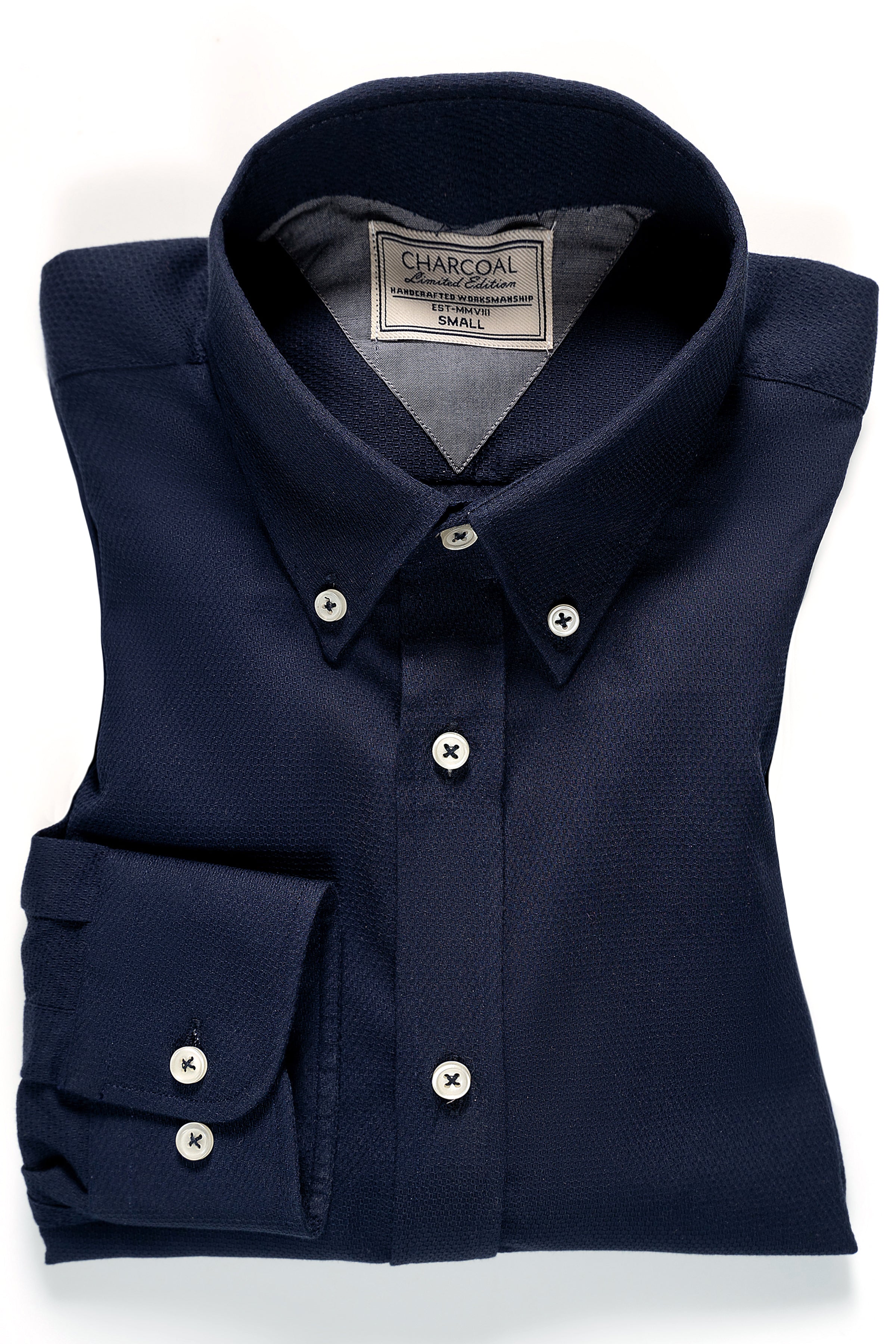 Navy self-textured button-up shirt with button-down collar and chest pocket