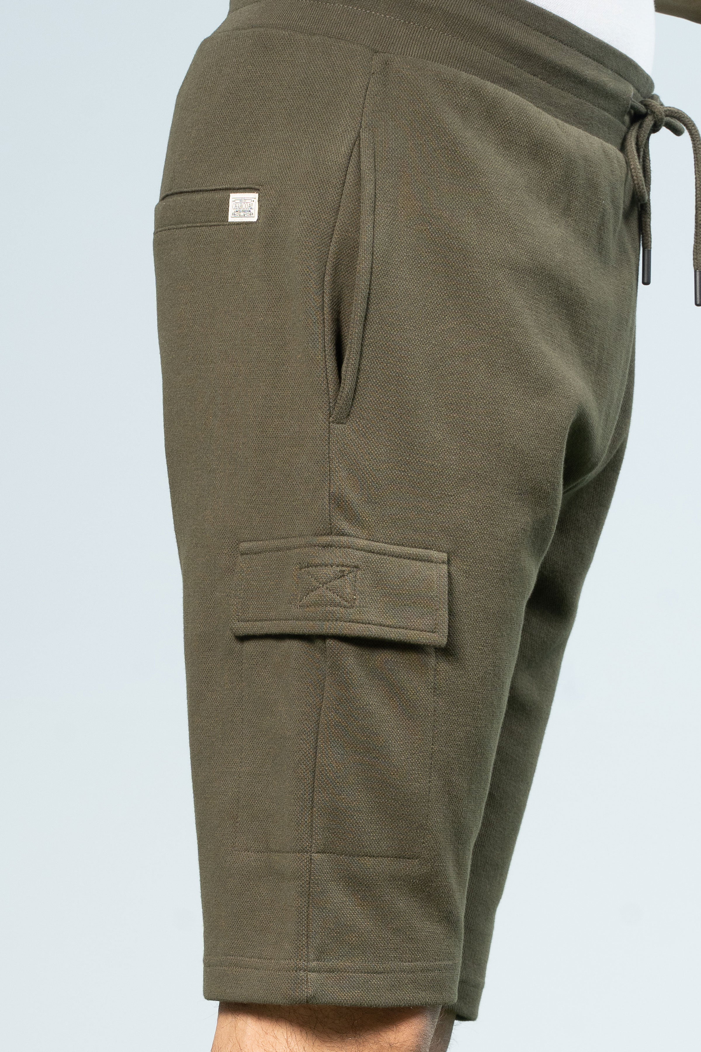 PIQUE TERRY CARGO SHORTS REGULAR FIT OLIVE - Charcoal Clothing