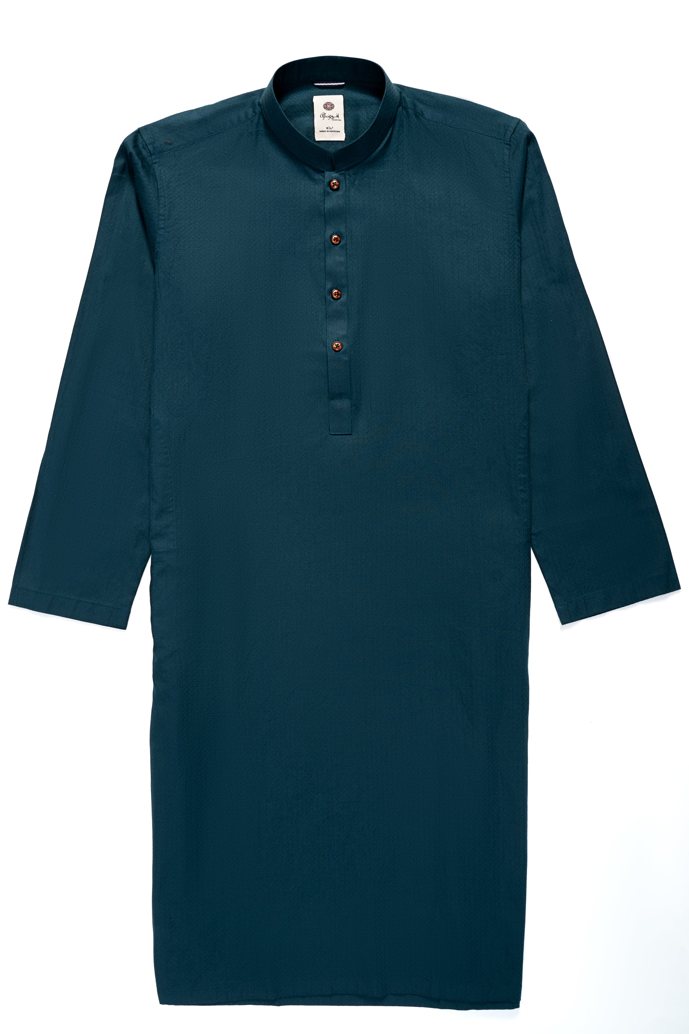 Forest green kurta with mandarin collar and button placket, 3/4 sleeves