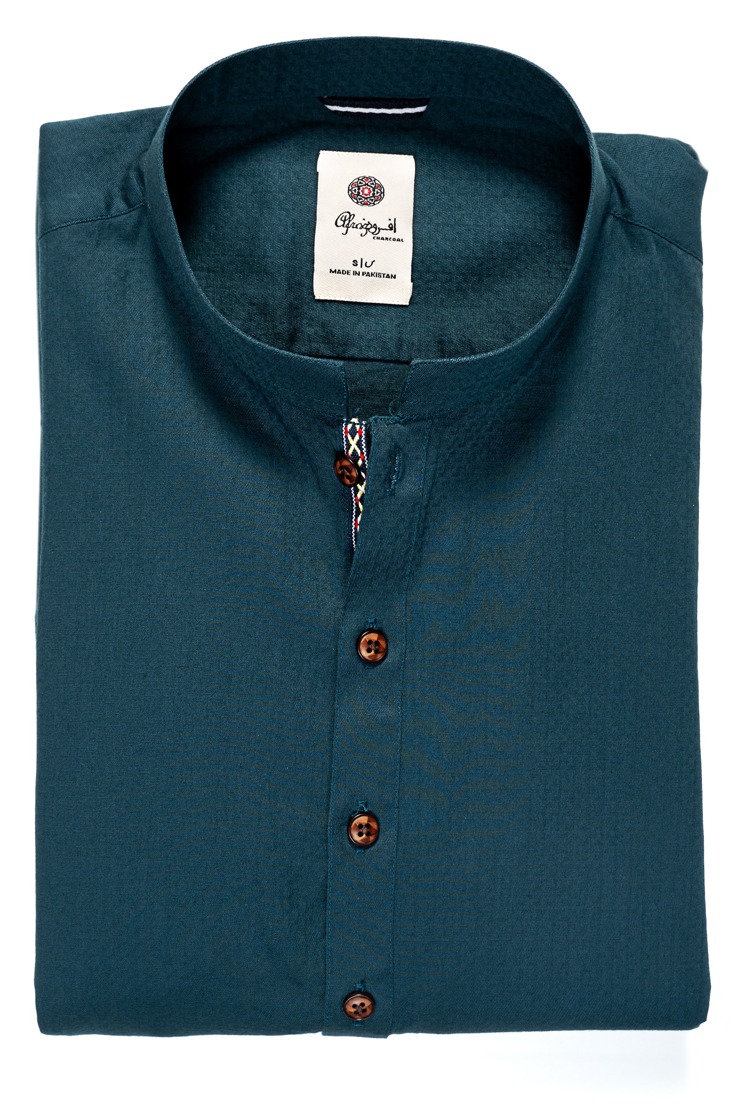 Forest green kurta front with three buttons and neckline label
