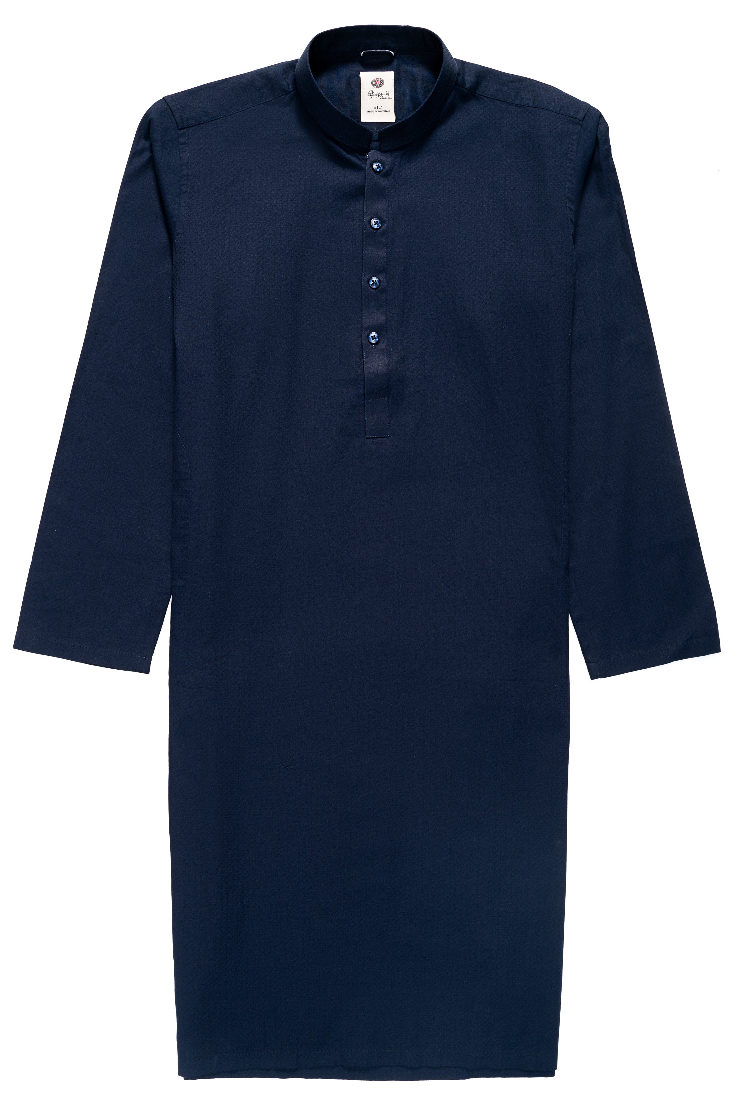 Navy kurta with stand collar and full button placket, three-quarter sleeves