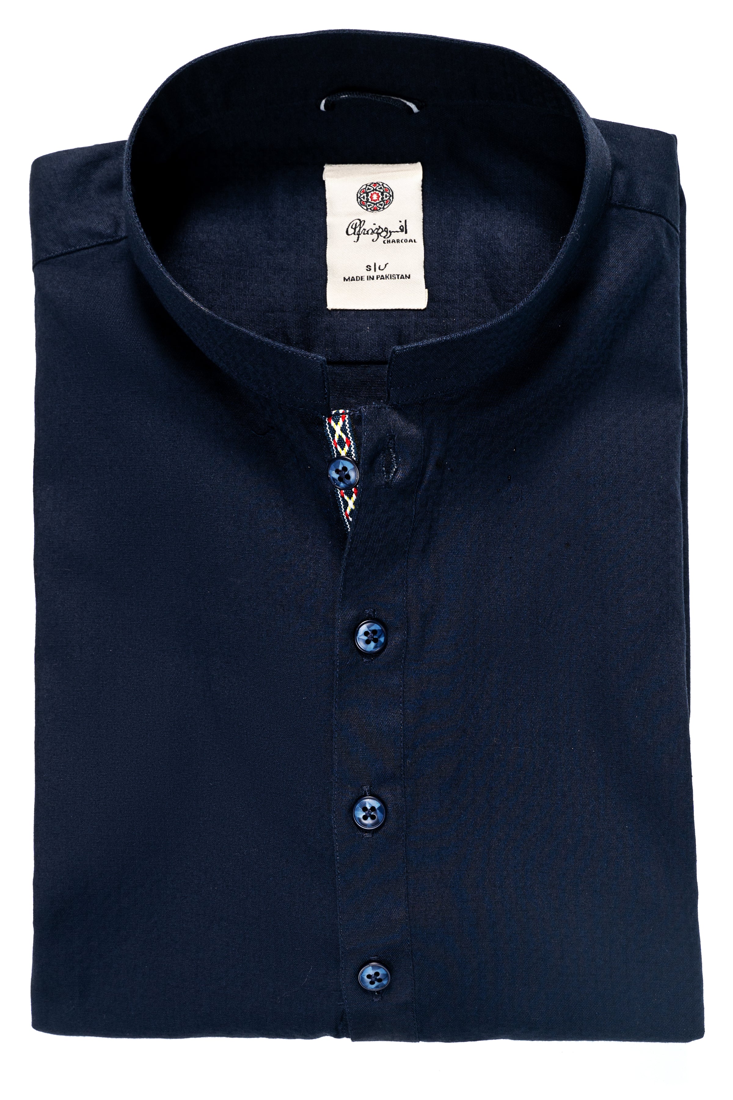Navy kurta with stand collar, dark button placket, and multicolor trim at neckline