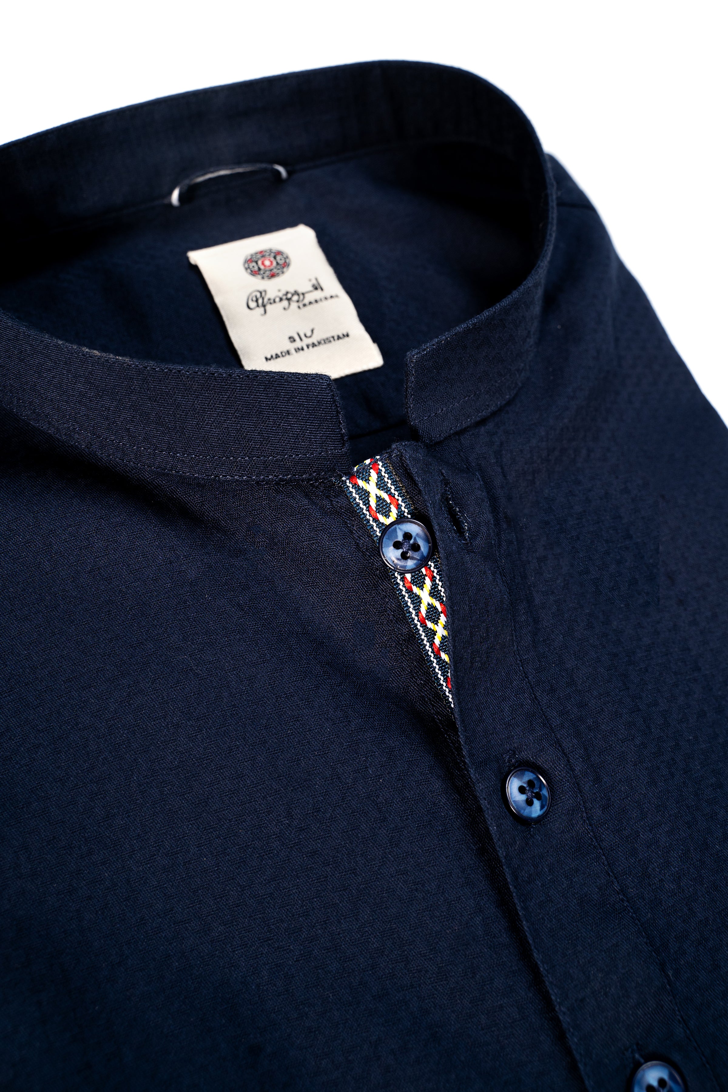 Navy kurta neckline with embroidered multicolor trim and blue buttons