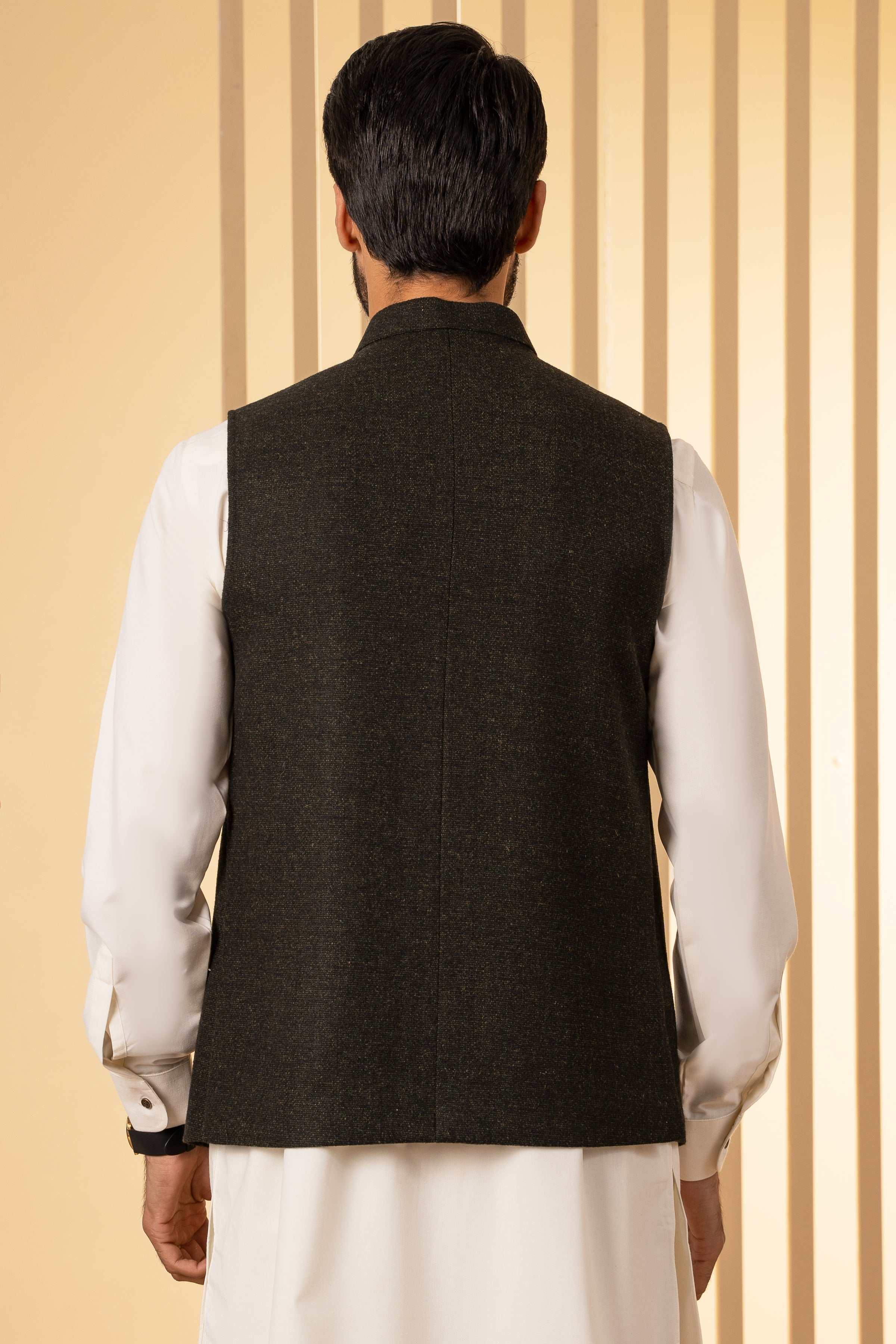 Mens dark green waistcoat with button-front and stand collar, back view