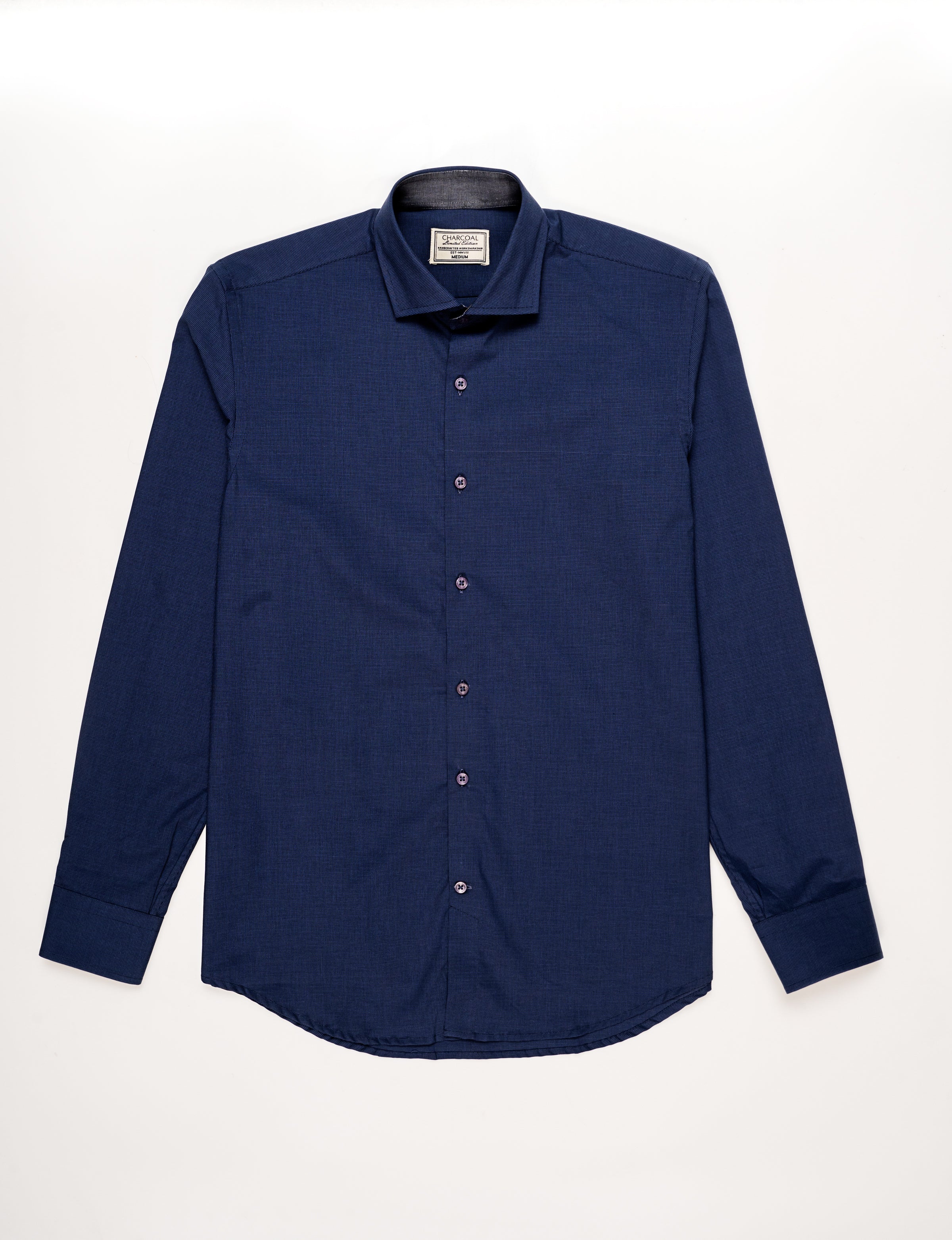 Blue self-textured long-sleeve button-up shirt, Charcoal logo neck label
