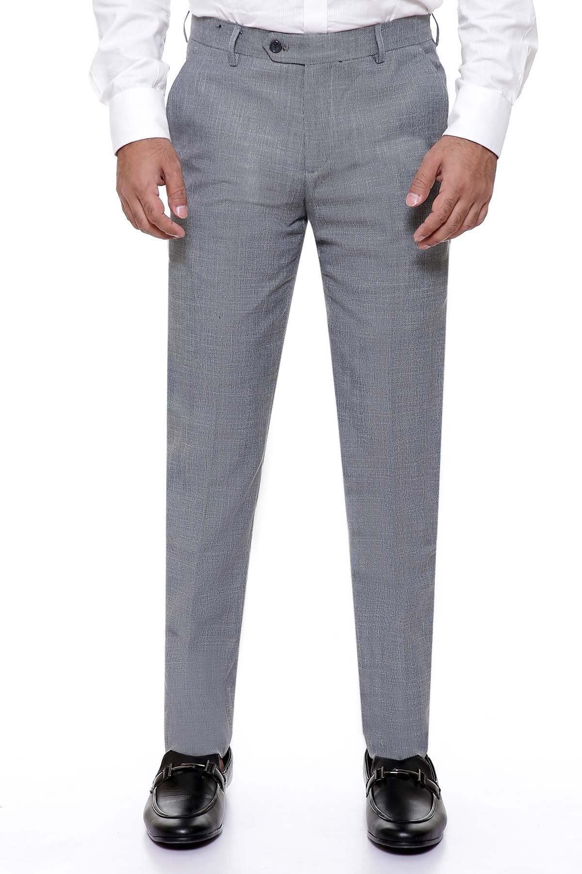 Slim-fit dress pants in dark gray with front crease, slant pockets, belt loops