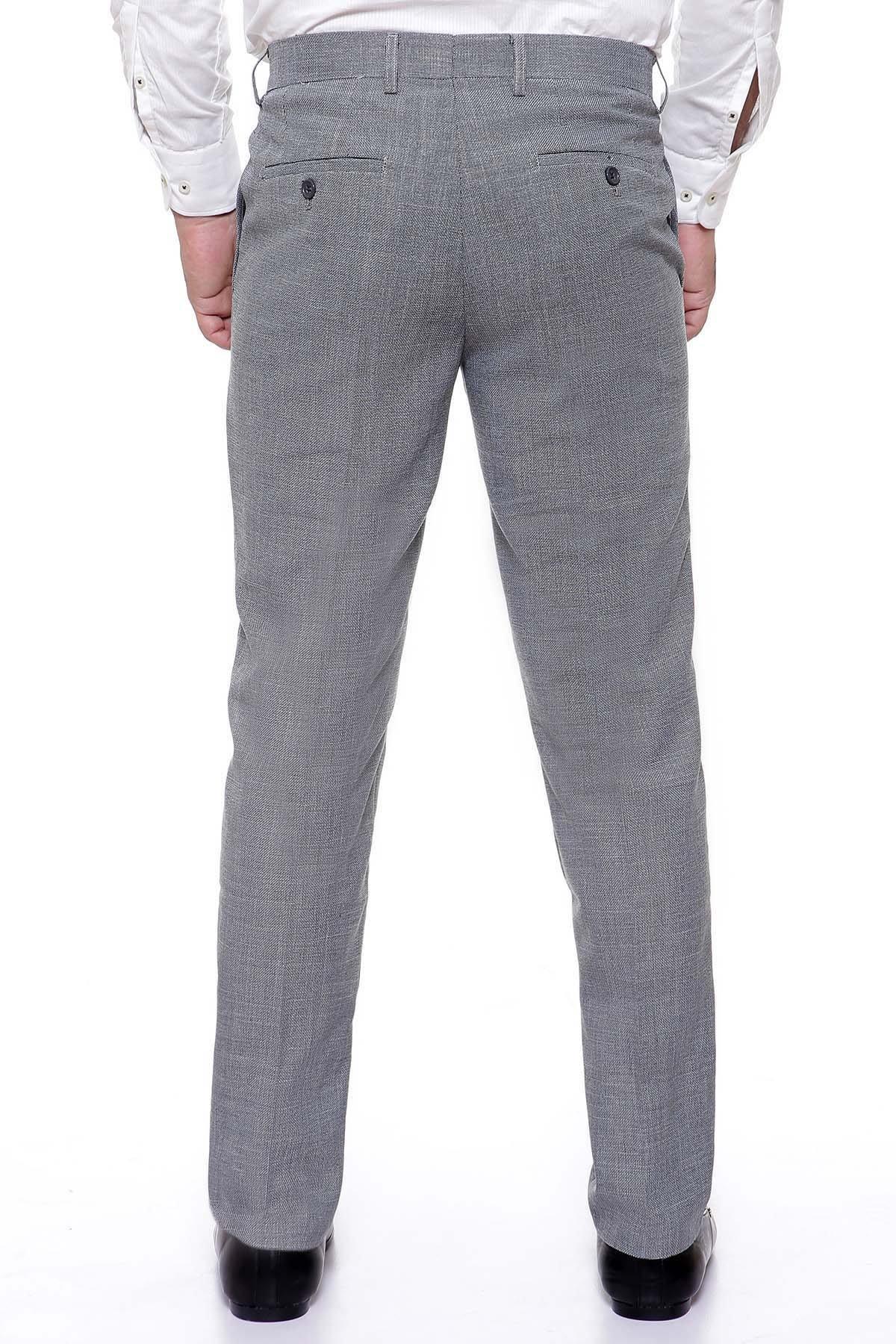 Slim-fit dress pants, dark gray back view with belt loops and button closure
