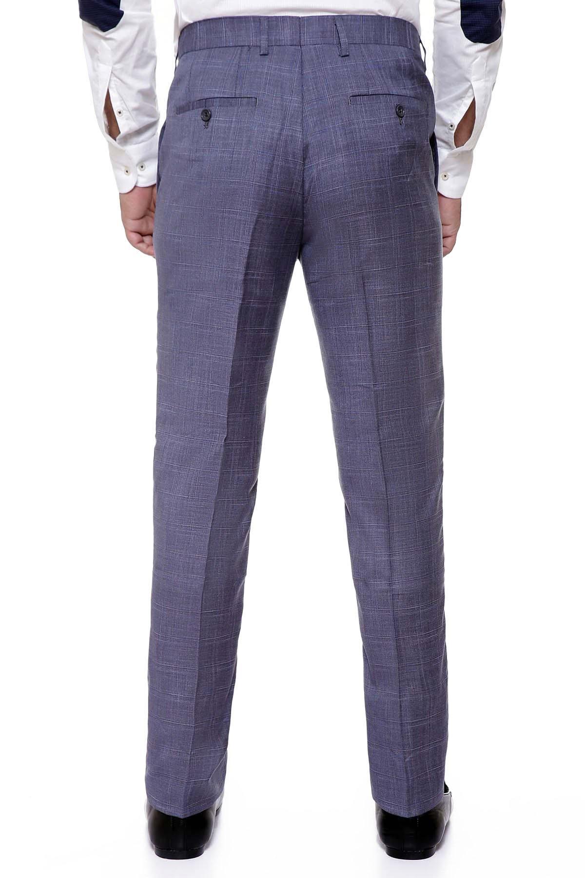 Slim-fit grey dress pants back view with rear pockets and waistband button closures