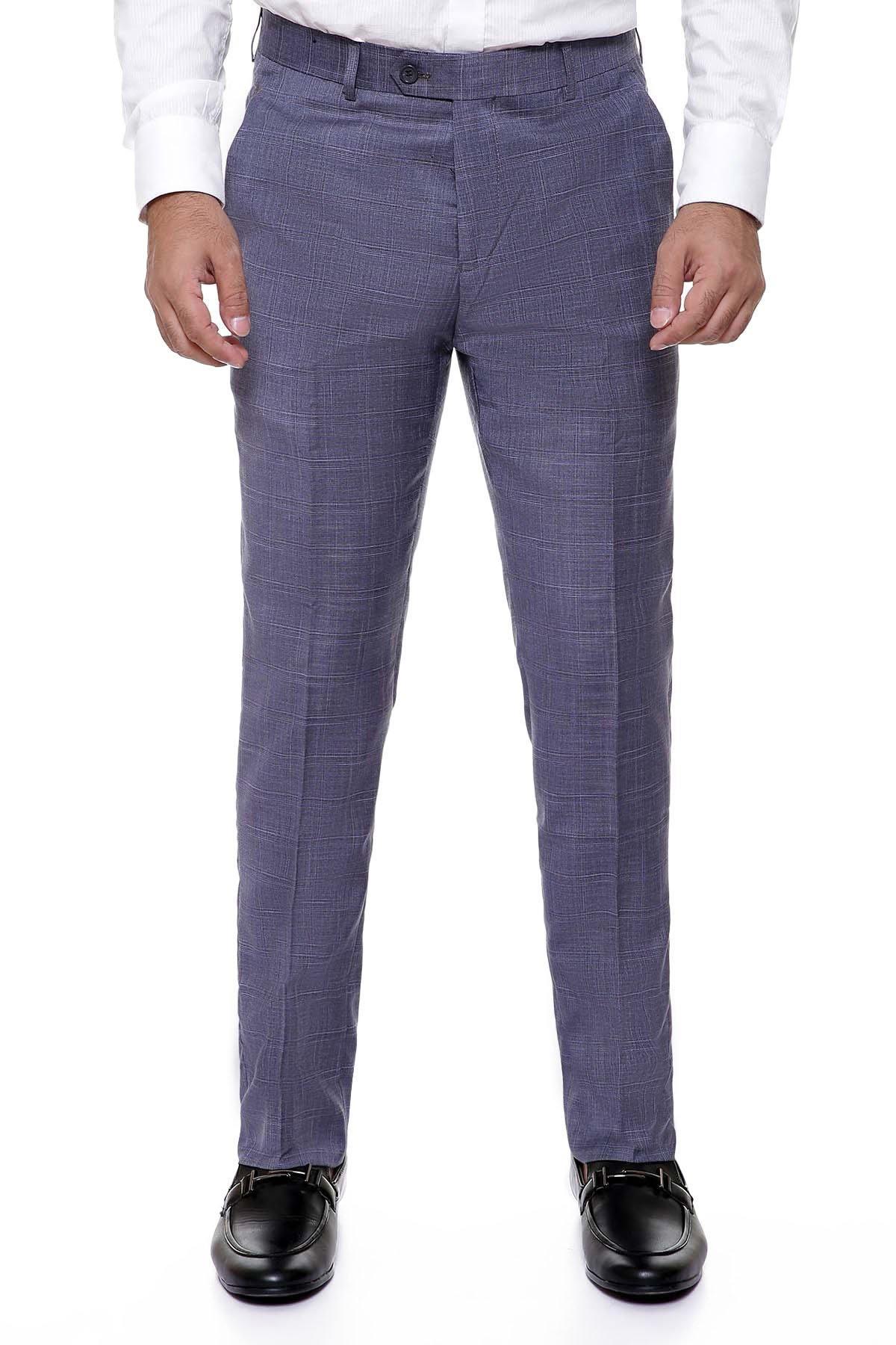 Slim-fit grey dress pants with belt loops, front pockets, and zip fly