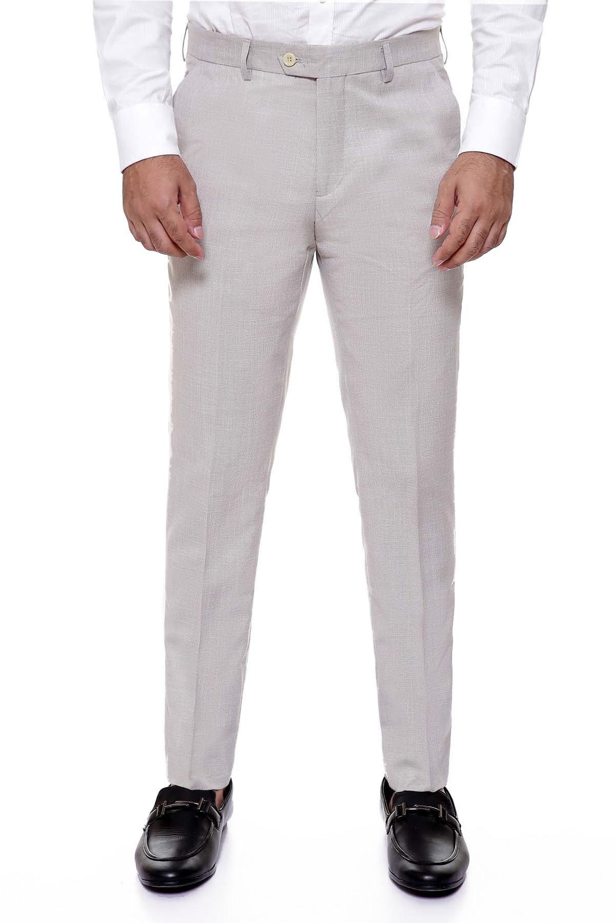 Light khaki slim-fit dress pants, flat front, belt loops, button closure