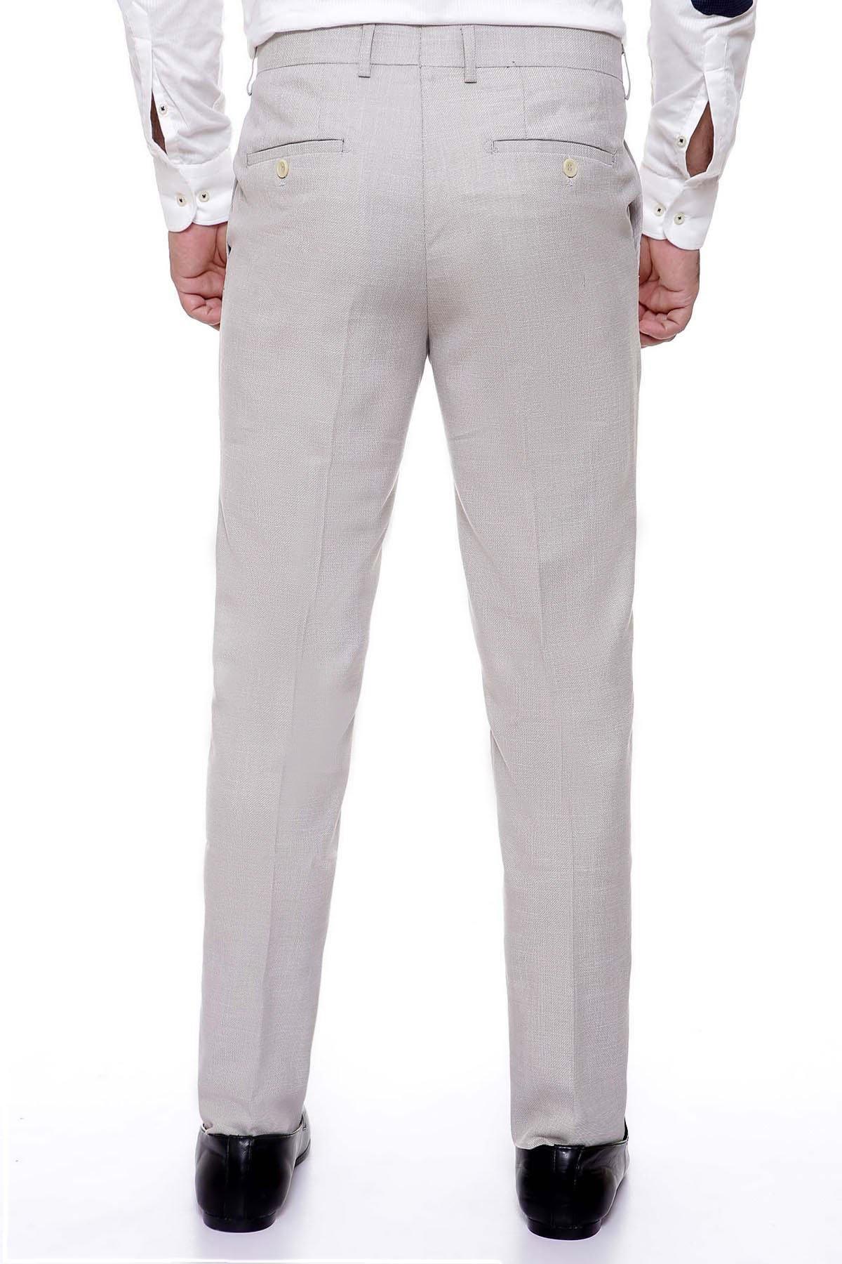 Light khaki slim-fit dress pants, back view with center crease and belt loops