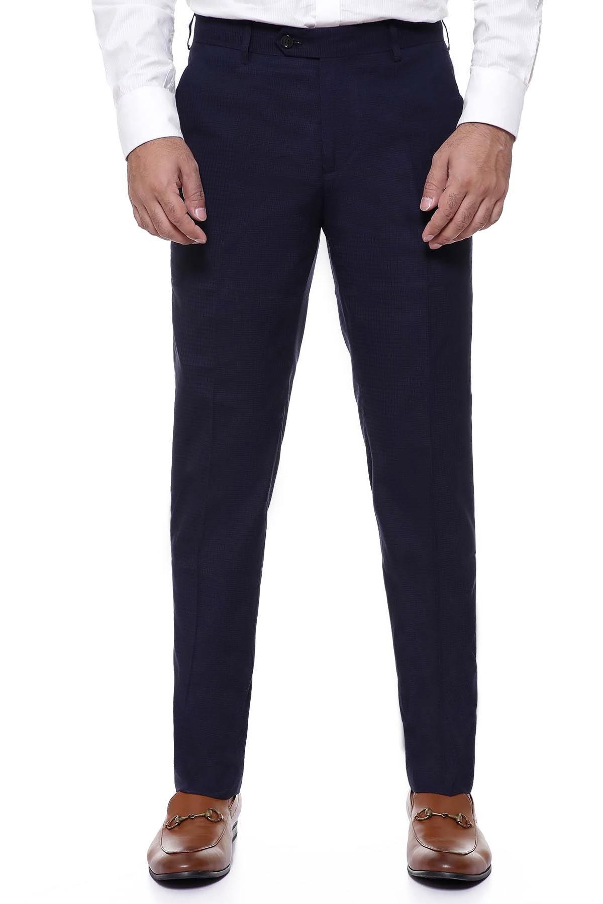 Slim-fit dress pants in dark navy with belt loops and front pockets