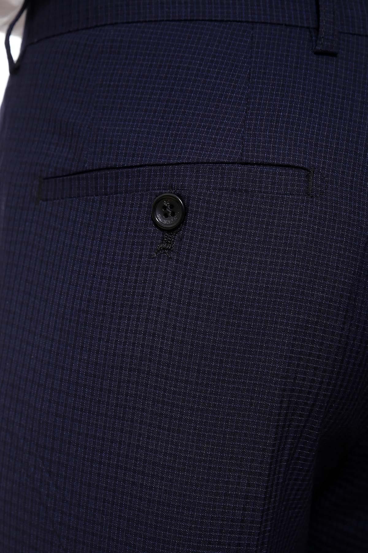 Dark navy dress pant waistband with button and side-pocket opening